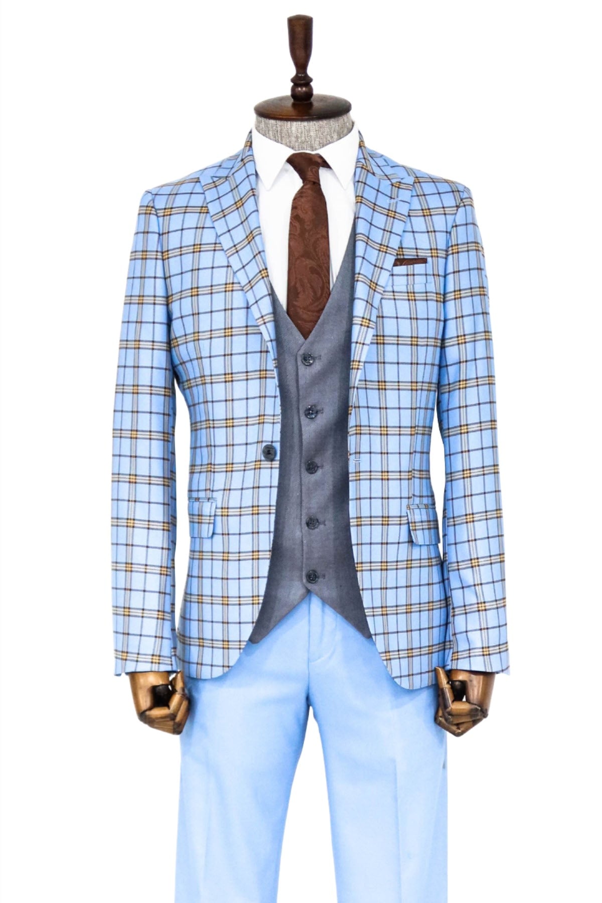 Grey Vested Slim Fit Checked Light Blue Men Suit and Shirt Combination