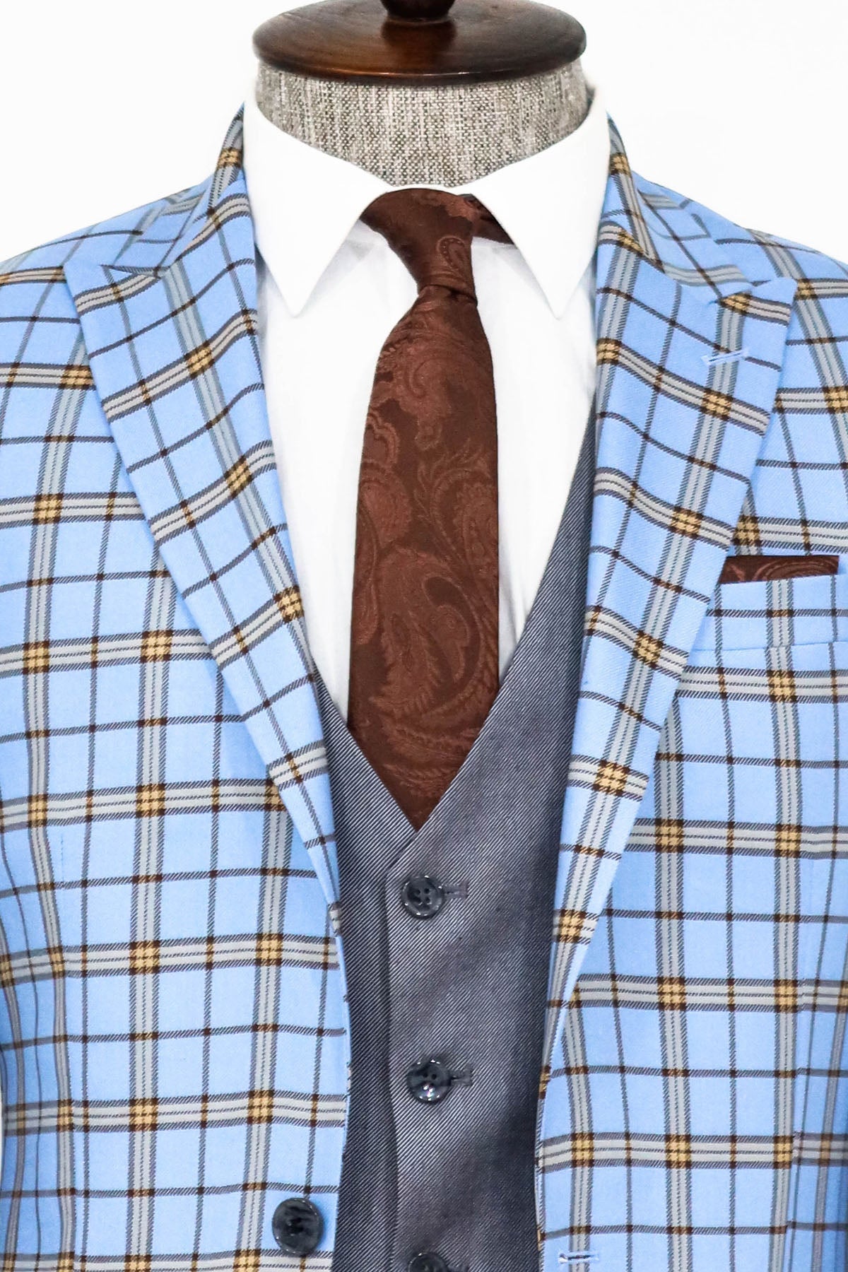 Grey Vested Slim Fit Checked Light Blue Men Suit and Shirt Combination