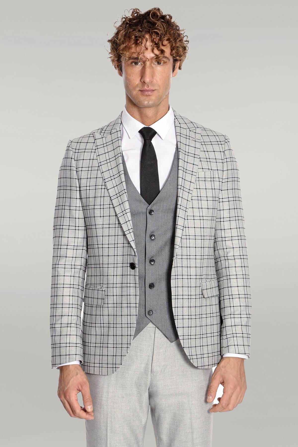 Grey Vested Slim Fit Checked Light Grey Men Suit