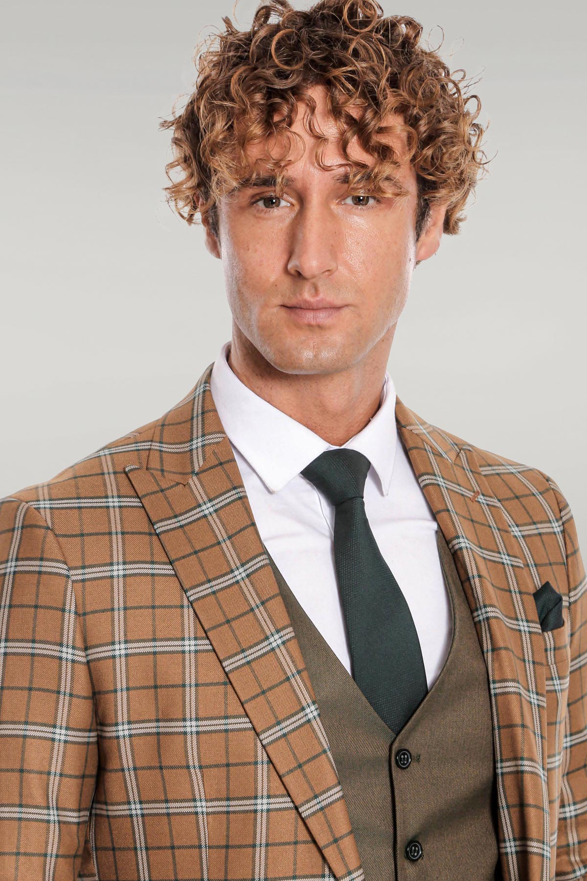KOALA SYDNEY Brown Vested Slim Fit Checked Tan Men Suit