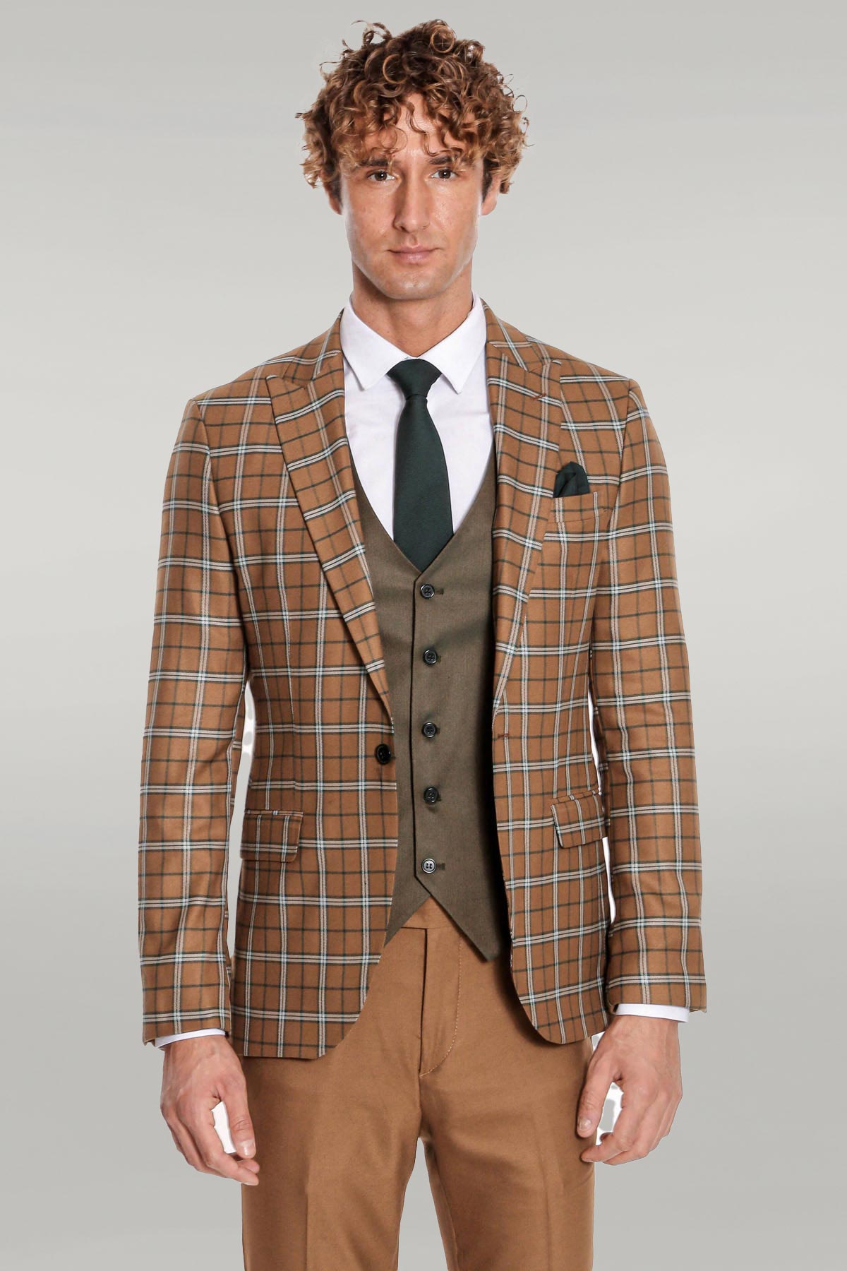 Brown Vested Slim Fit Checked Tan Men Suit