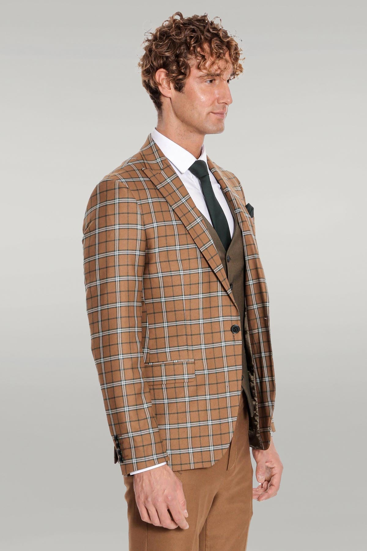 KOALA SYDNEY Brown Vested Slim Fit Checked Tan Men Suit