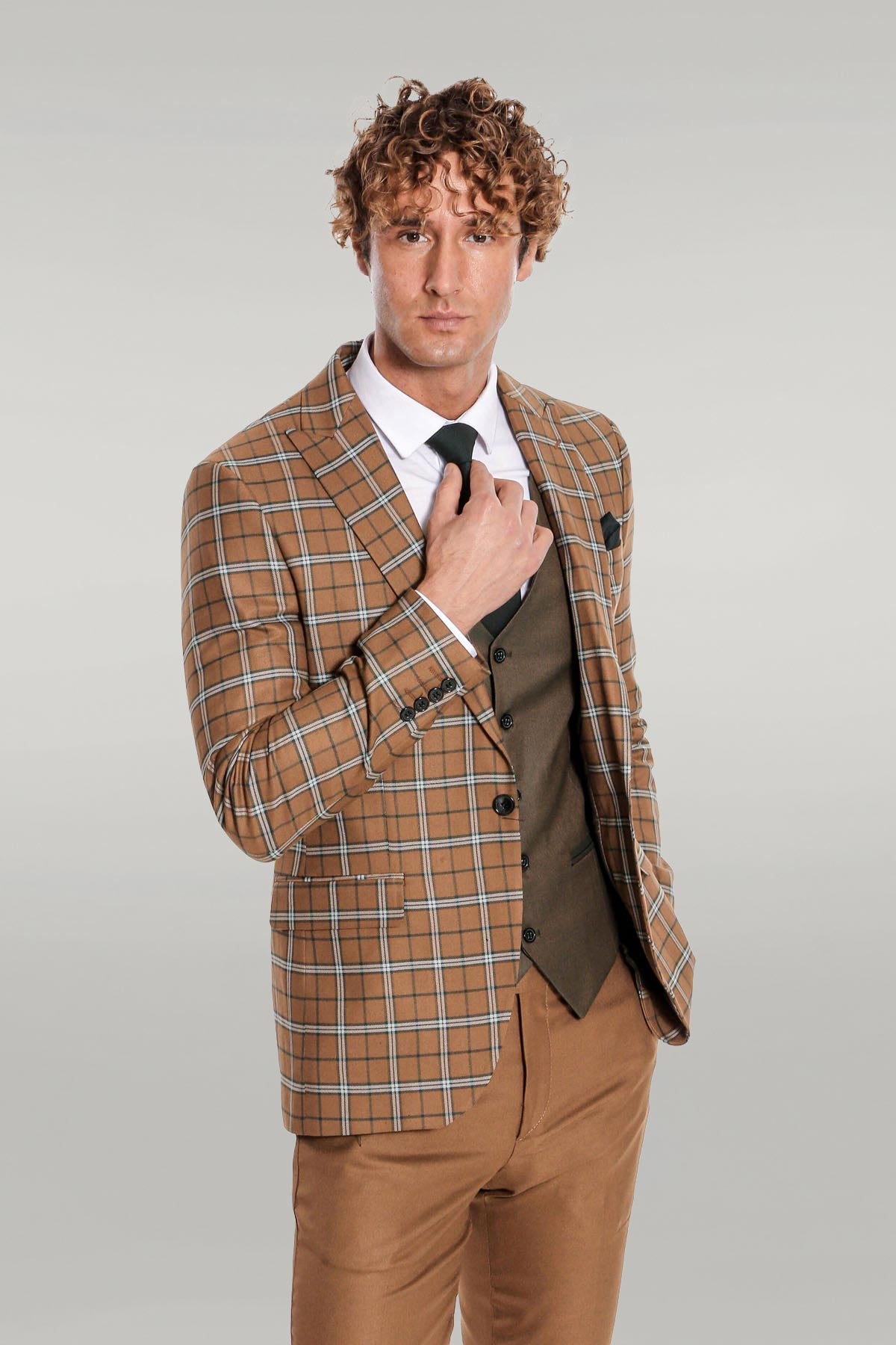 KOALA SYDNEY Brown Vested Slim Fit Checked Tan Men Suit