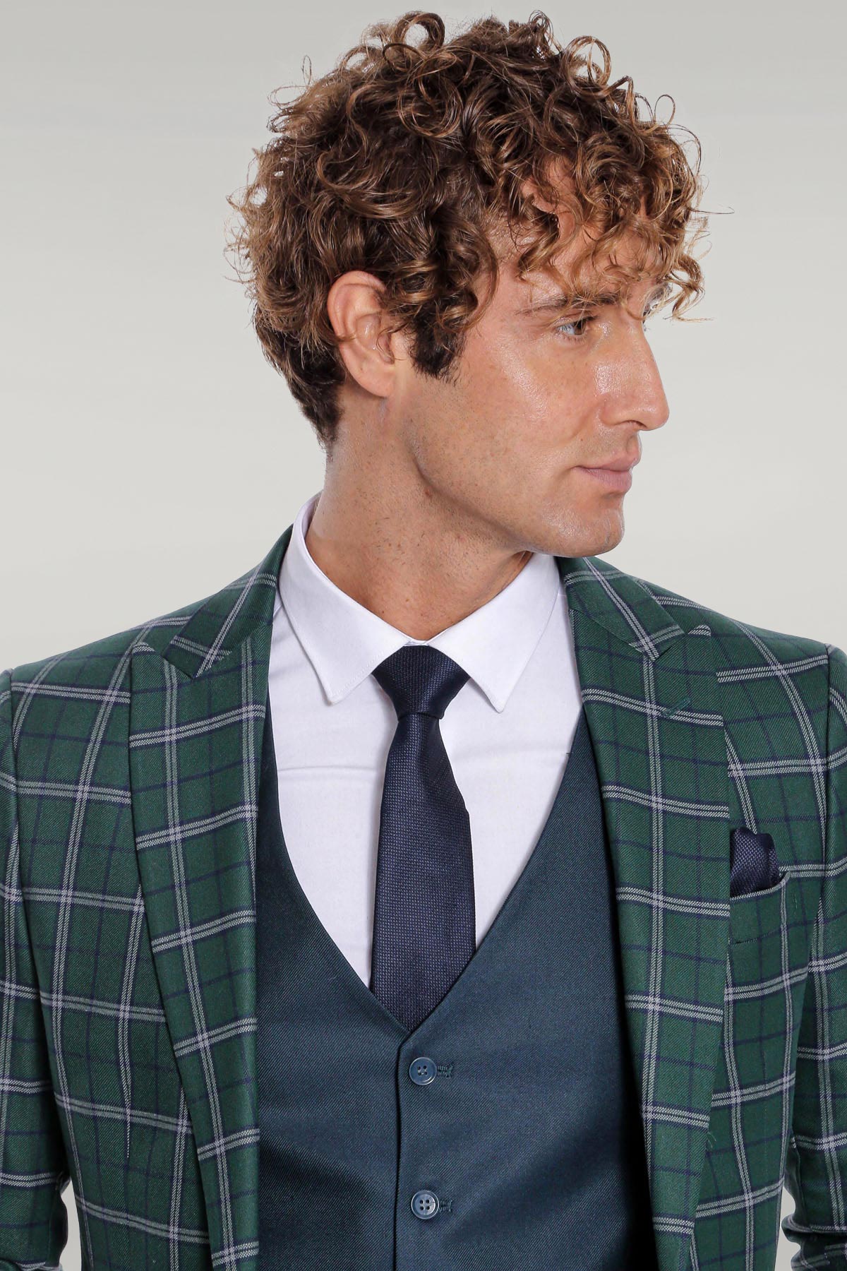 KOALA SYDNEY Blue Vested Slim Fit Checked Green Men Suit -
