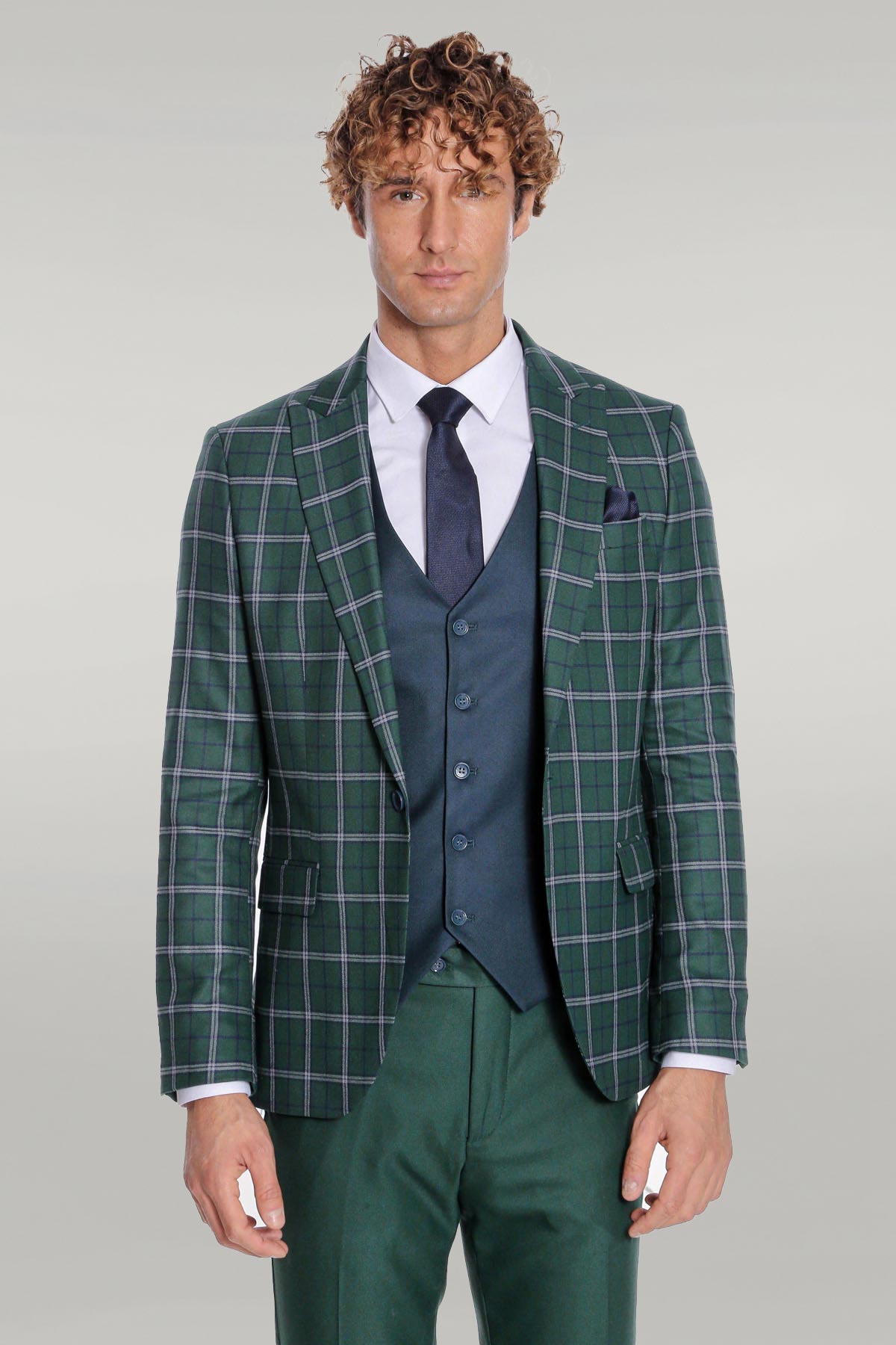 KOALA SYDNEY Blue Vested Slim Fit Checked Green Men Suit -