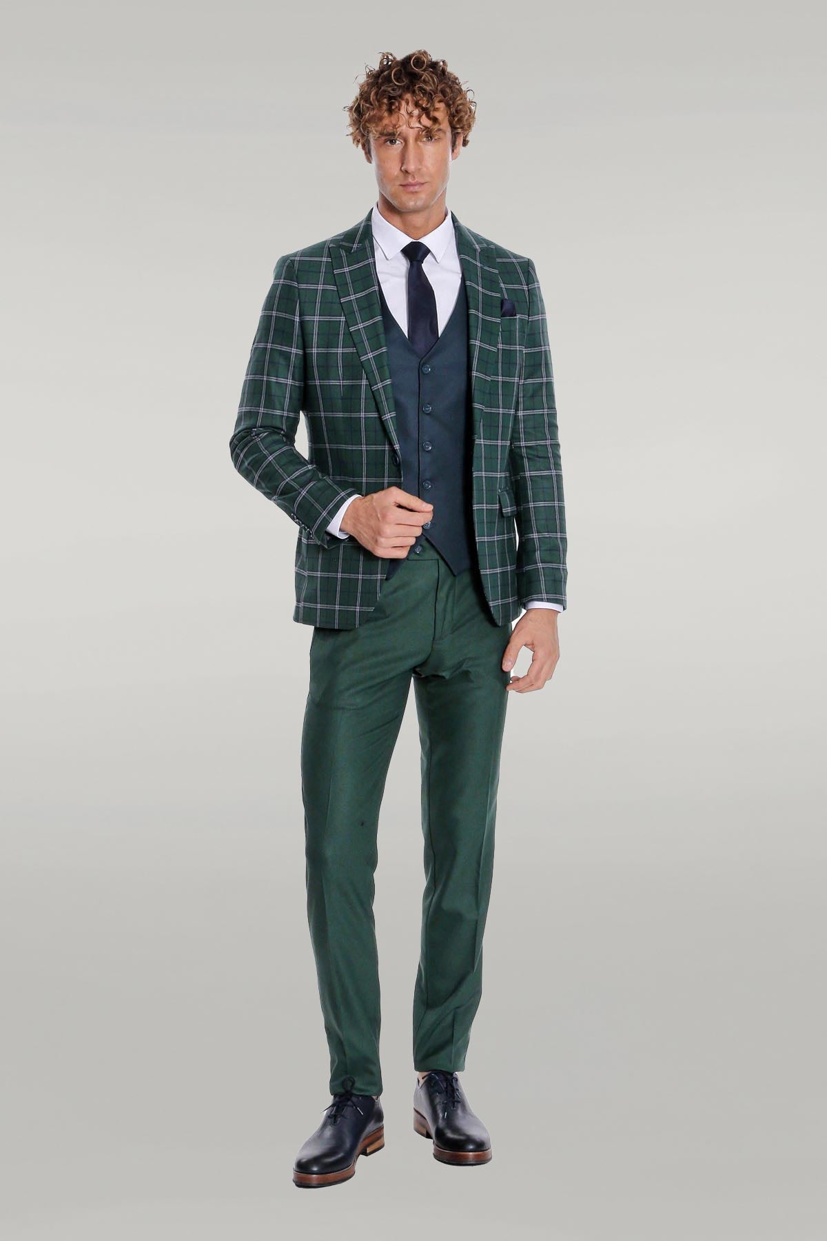 KOALA SYDNEY Blue Vested Slim Fit Checked Green Men Suit -