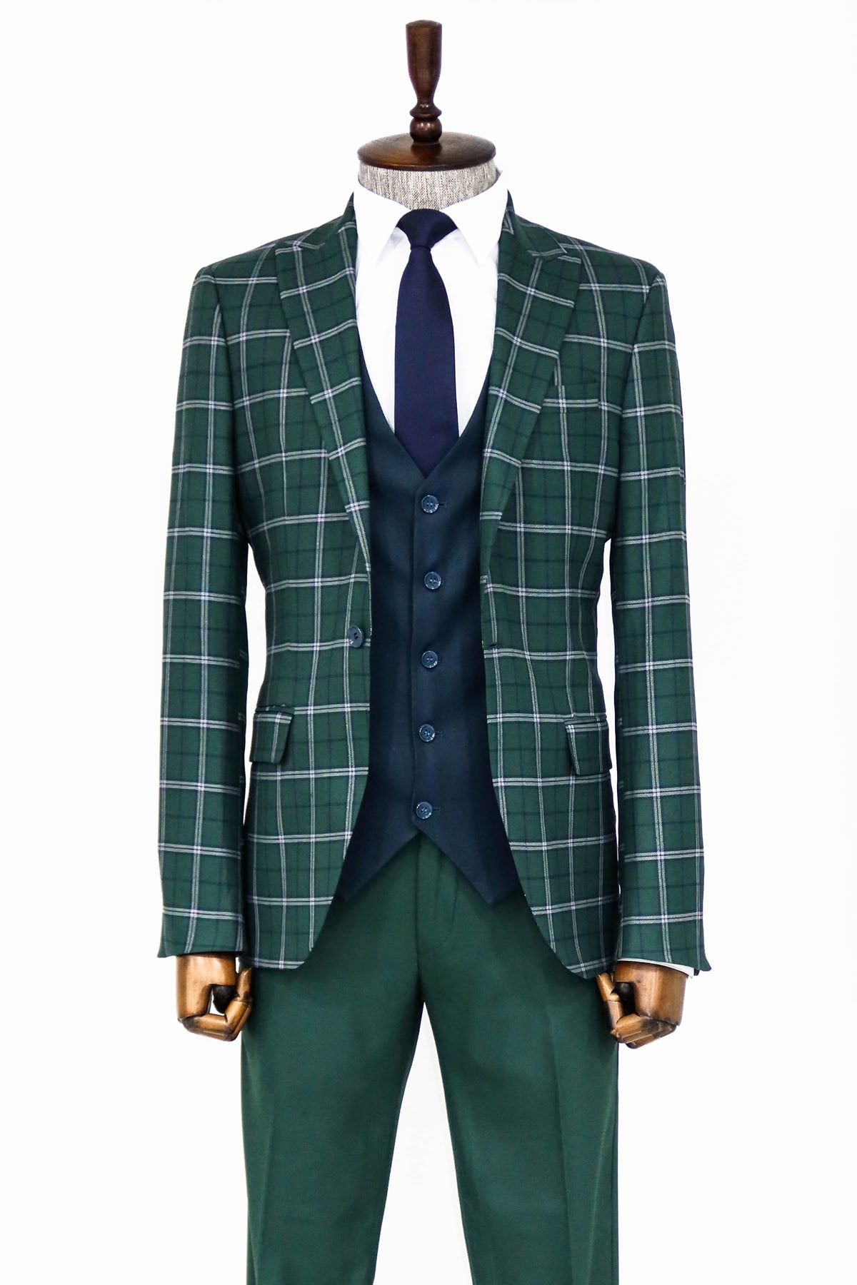 KOALA SYDNEY Blue Vested Slim Fit Checked Green Men Suit and Shirt Combination-
