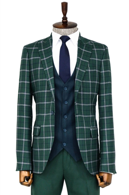 Blue Vested Slim Fit Checked Green Men Suit and Shirt Combination-