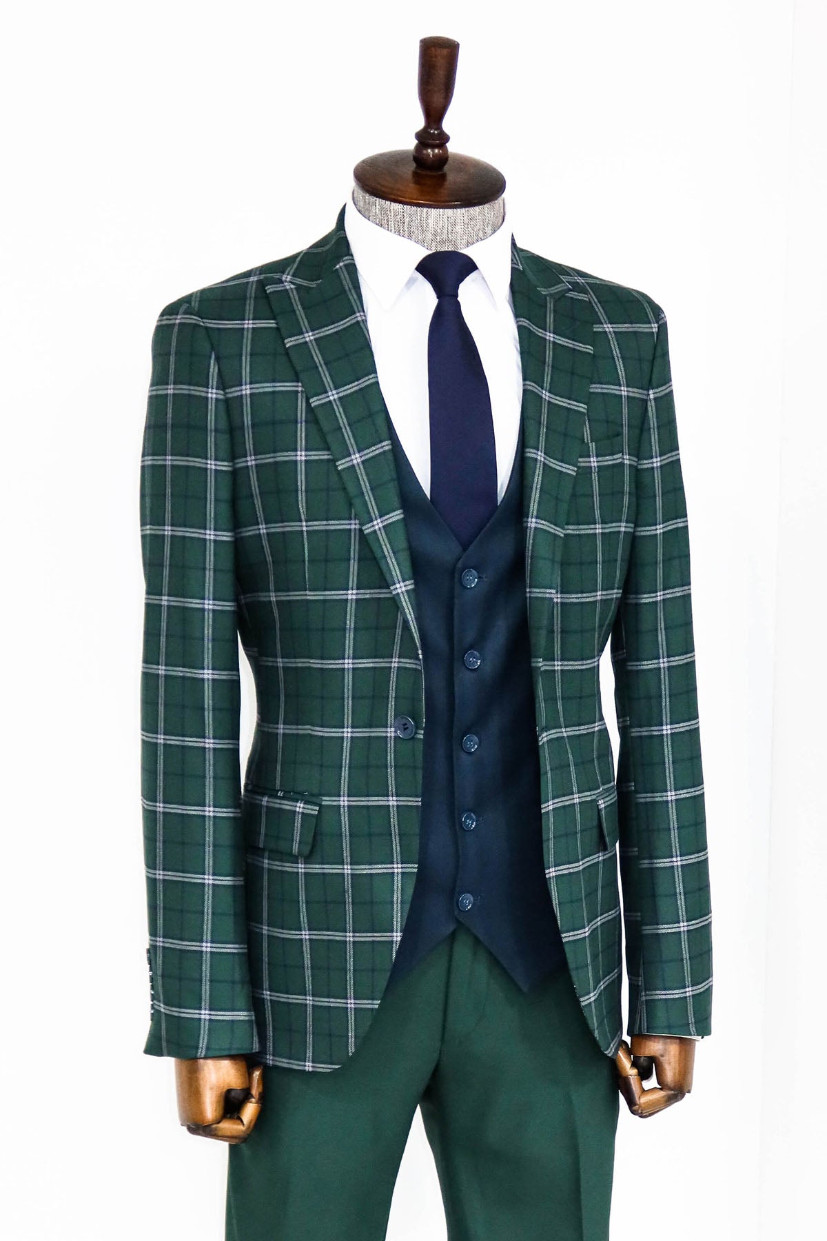 KOALA SYDNEY Blue Vested Slim Fit Checked Green Men Suit and Shirt Combination-