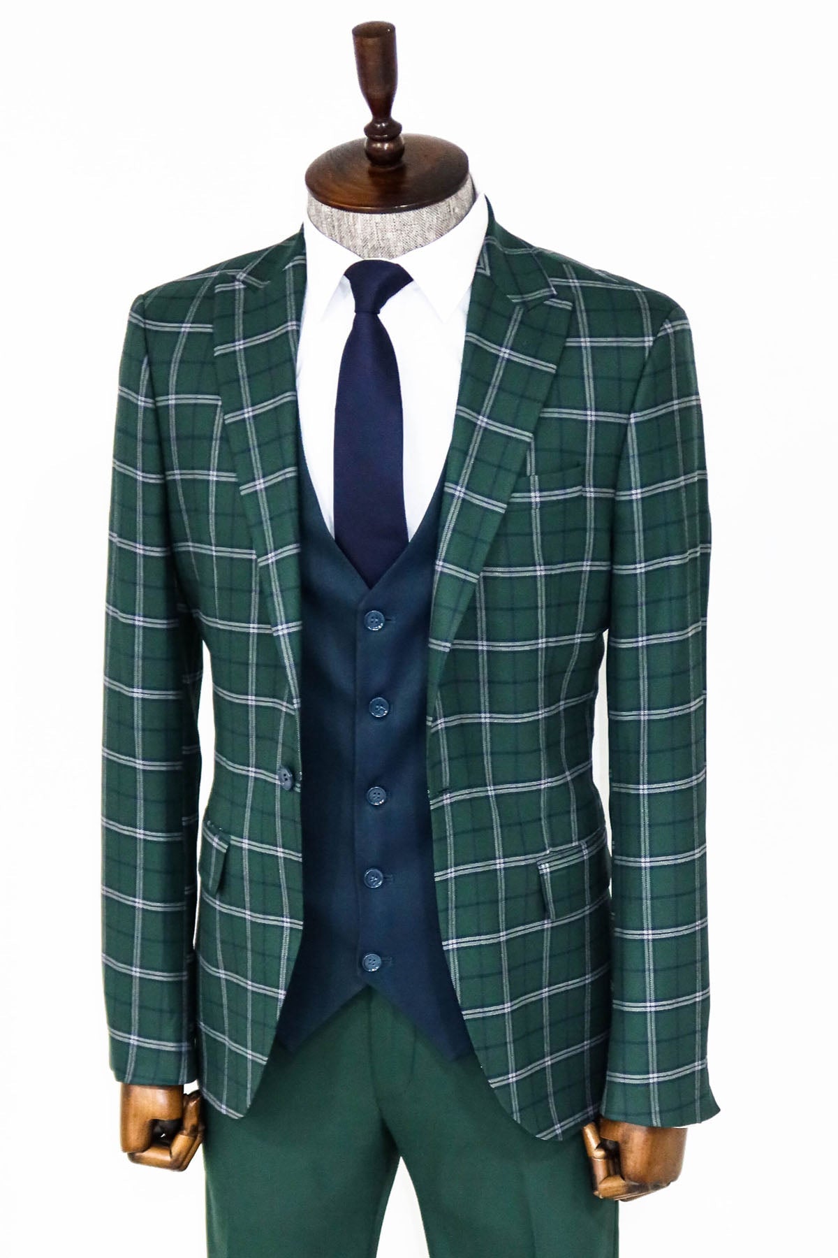 KOALA SYDNEY Blue Vested Slim Fit Checked Green Men Suit and Shirt Combination-