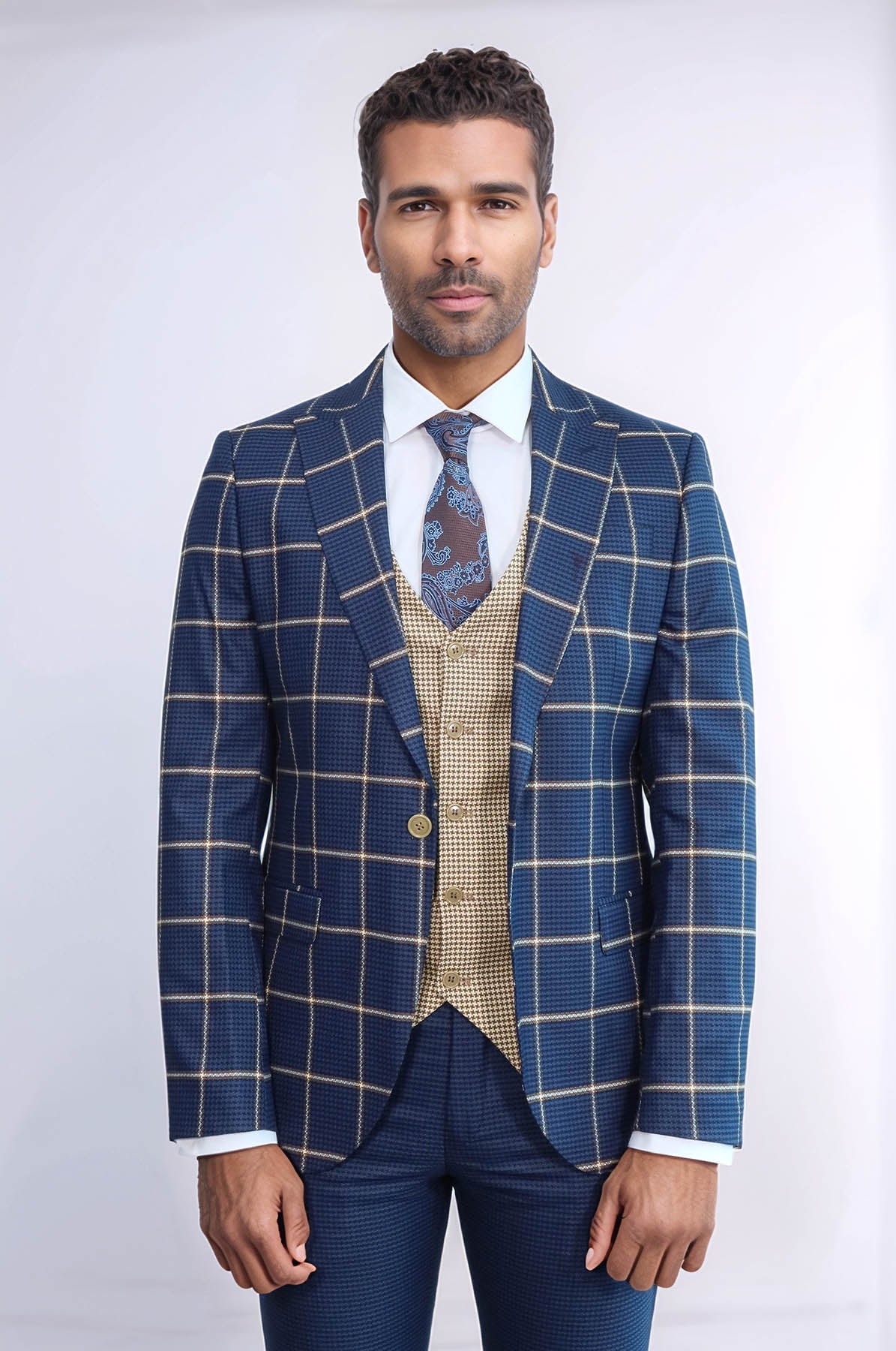 KOALA SYDNEY Checked Patterned Slim Fit Navy Blue Men Suit -