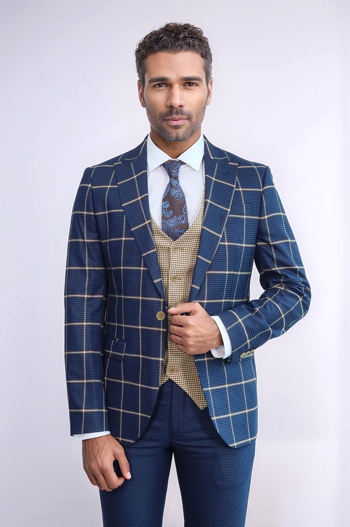 KOALA SYDNEY Checked Patterned Slim Fit Navy Blue Men Suit -