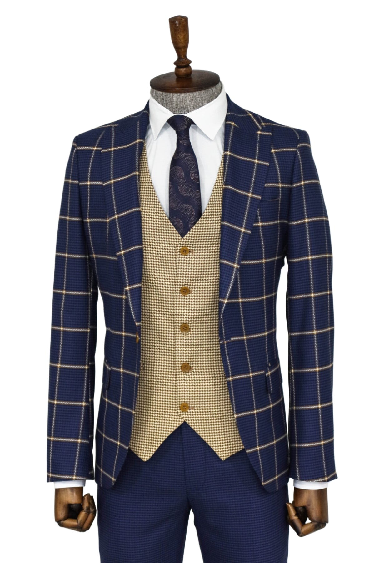 Checked Patterned Slim Fit Navy Blue Men Suit and Shirt Combination