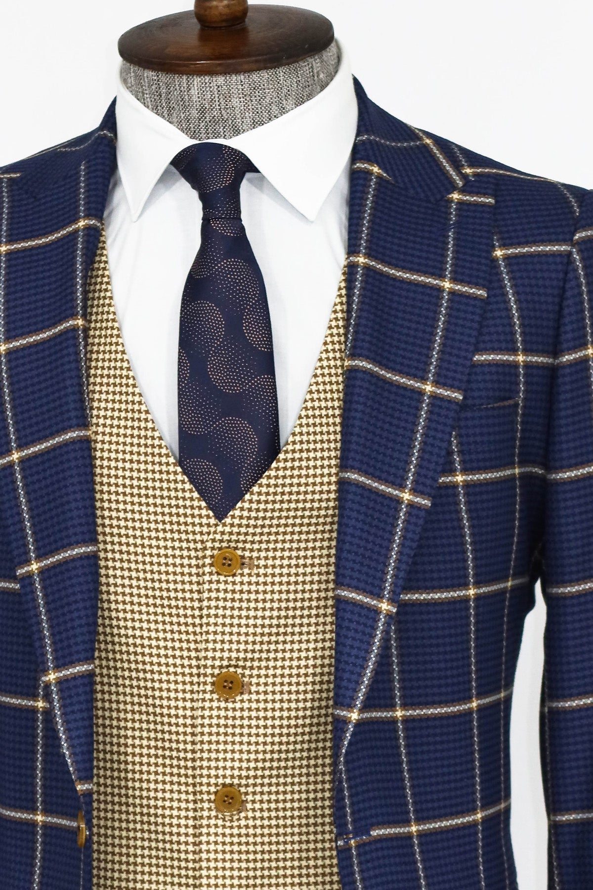 Checked Patterned Slim Fit Navy Blue Men Suit and Shirt Combination