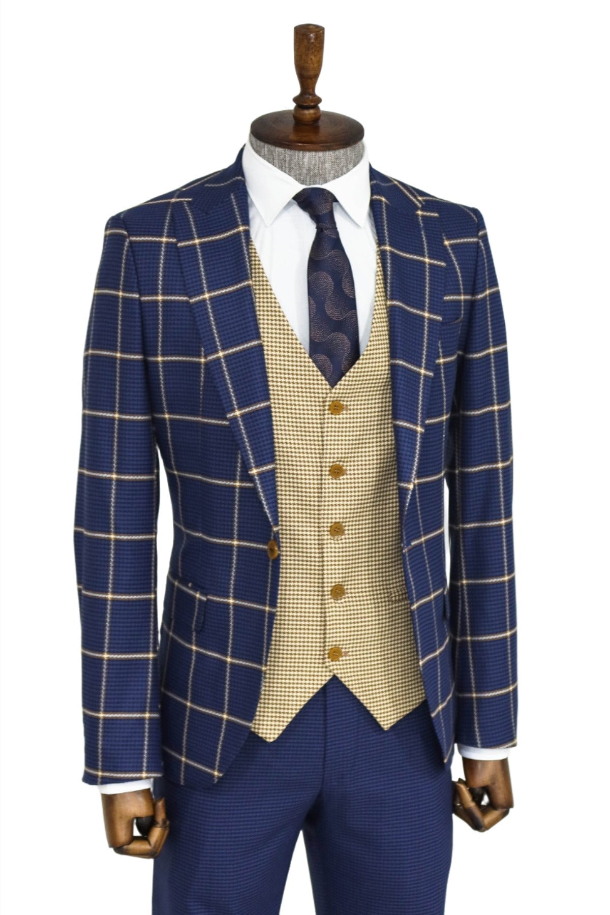 Checked Patterned Slim Fit Navy Blue Men Suit and Shirt Combination