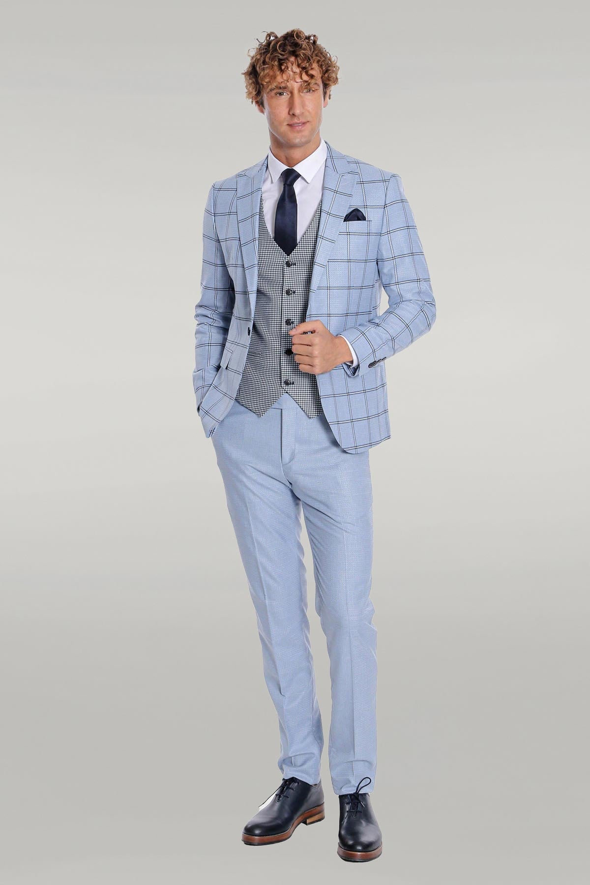 KOALA SYDNEY Checked Patterned Slim Fit Light Blue Men Suit