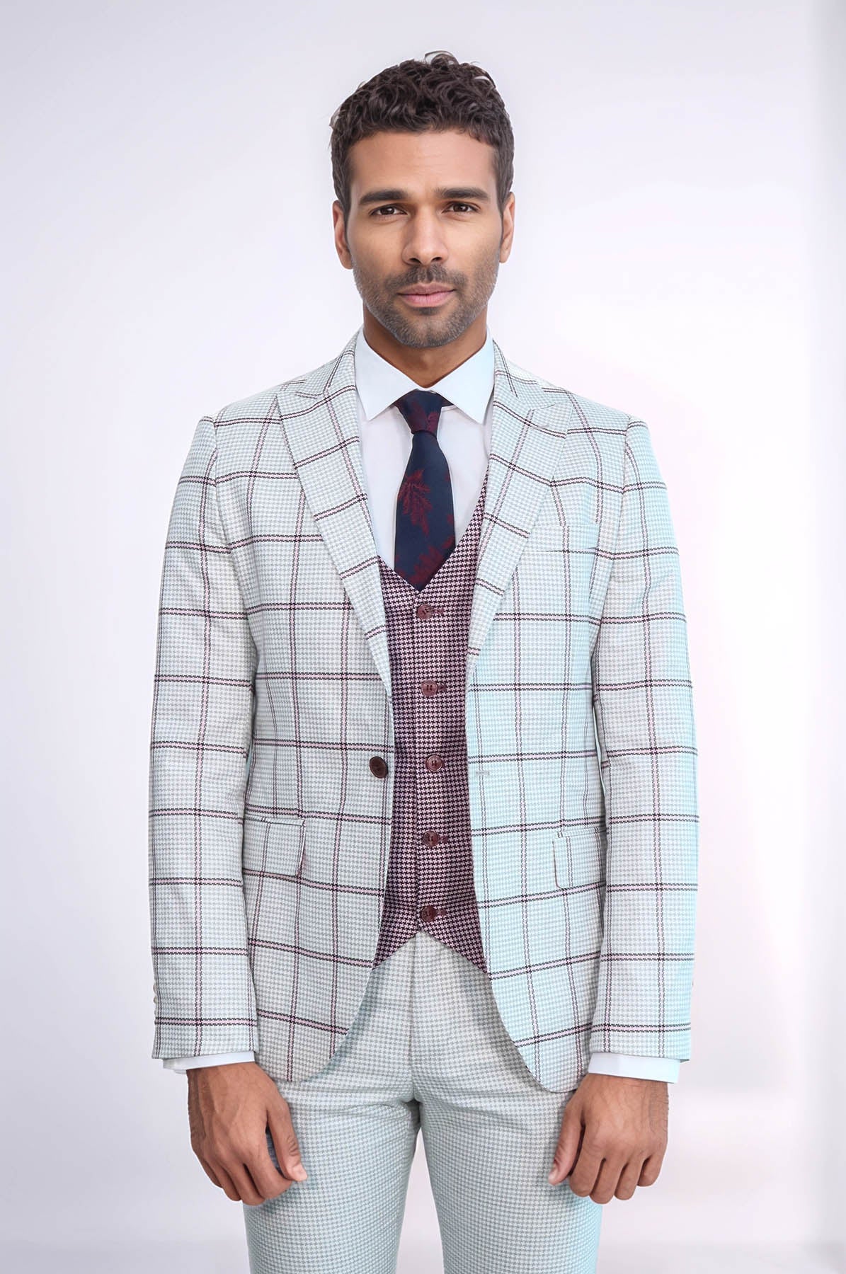 Checked Patterned Vested Light Grey Men Suit