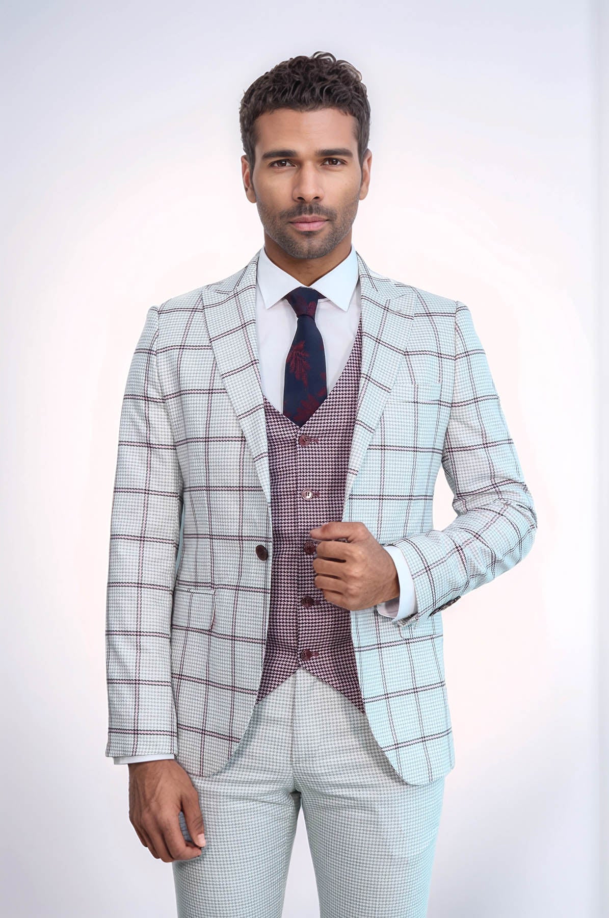 Checked Patterned Vested Light Grey Men Suit
