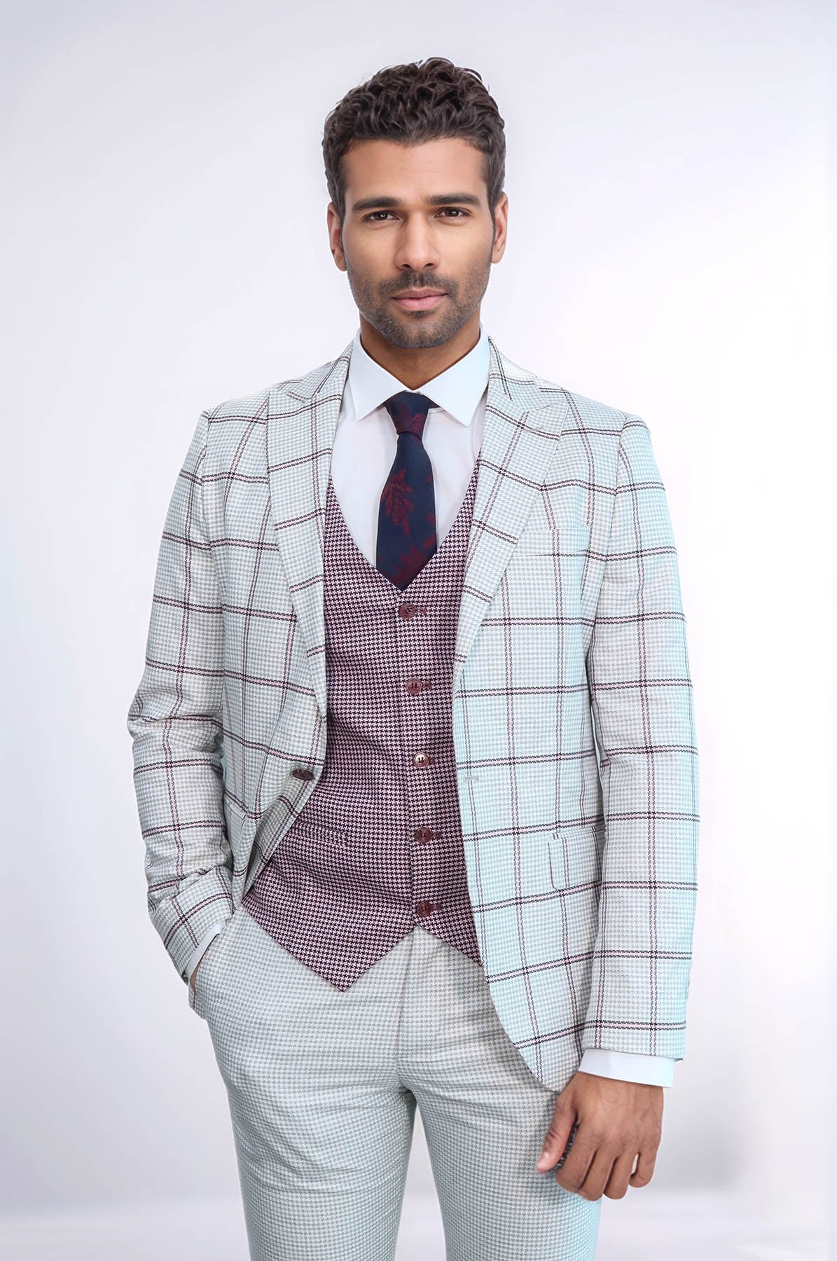 Checked Patterned Vested Light Grey Men Suit