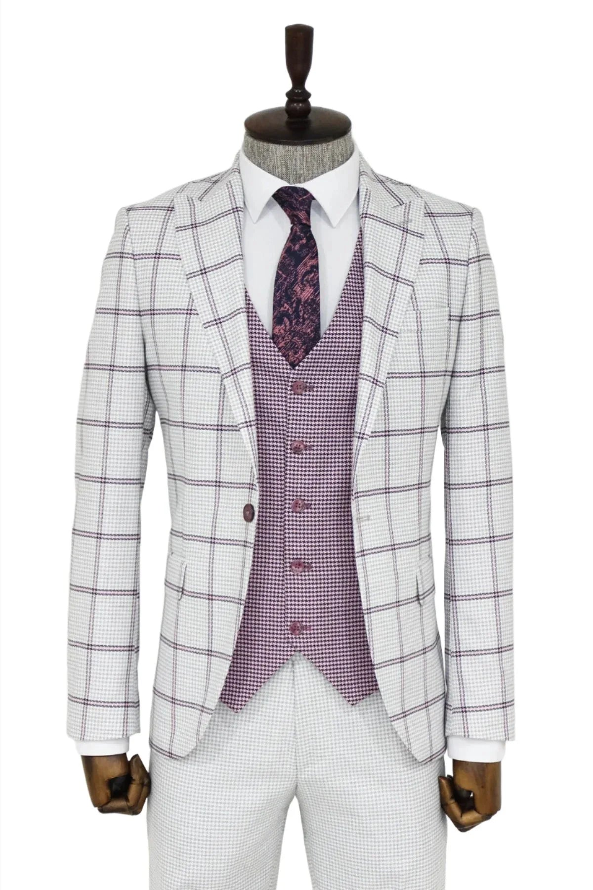 Checked Patterned Vested Light Grey Men Suit and Shirt Combination