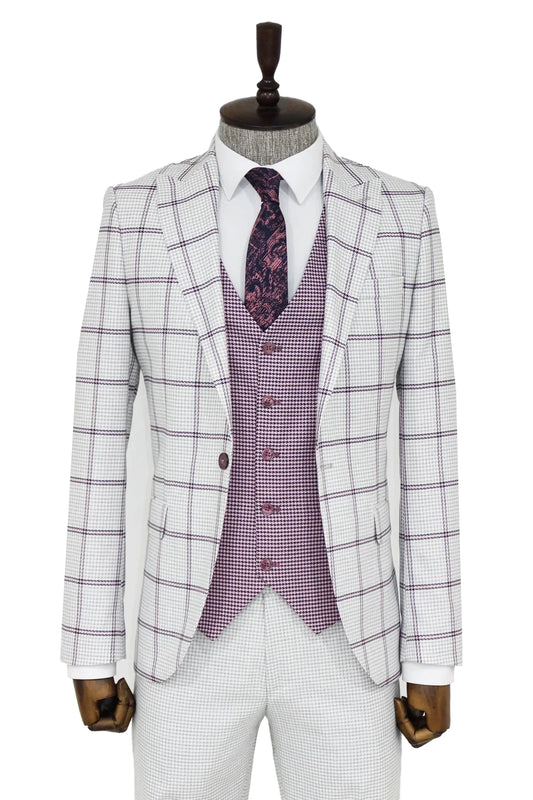 Checked Patterned Vested Light Grey Men Suit and Shirt Combination -