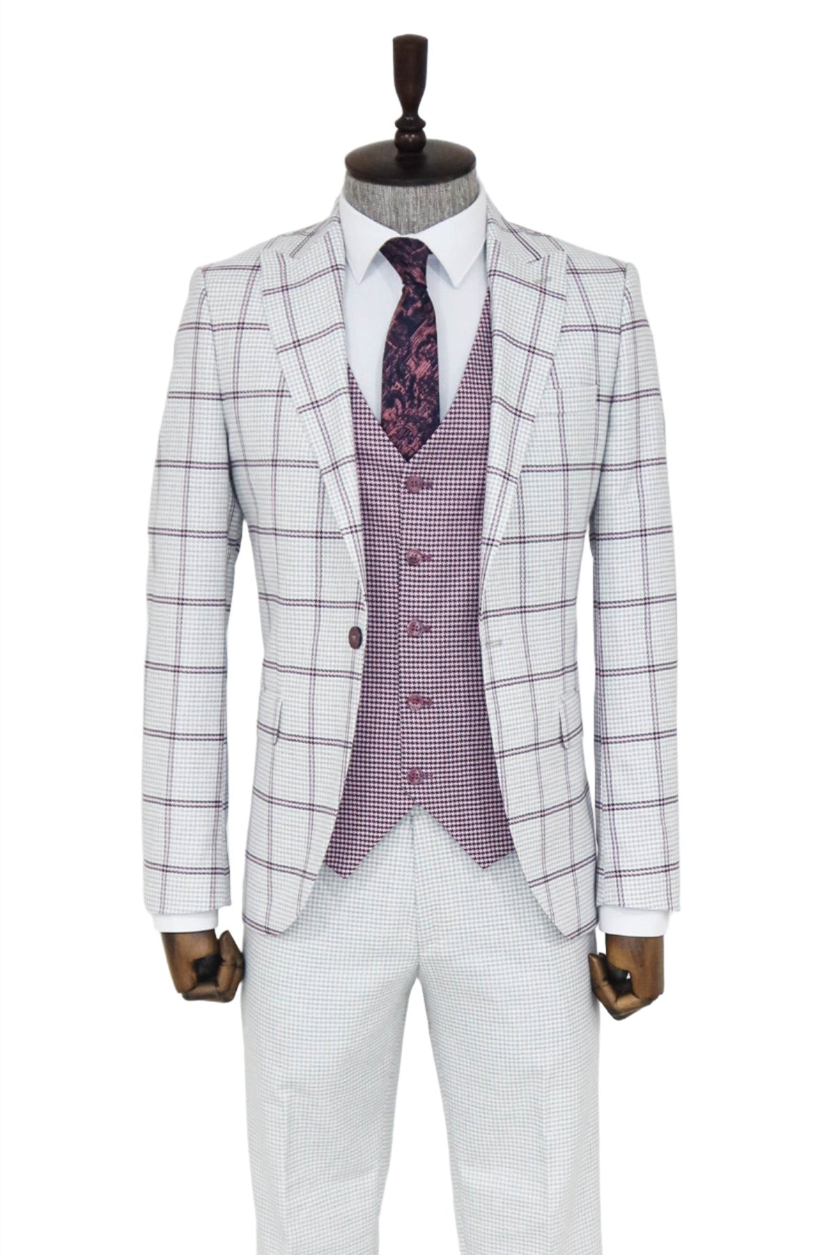 Checked Patterned Vested Light Grey Men Suit and Shirt Combination