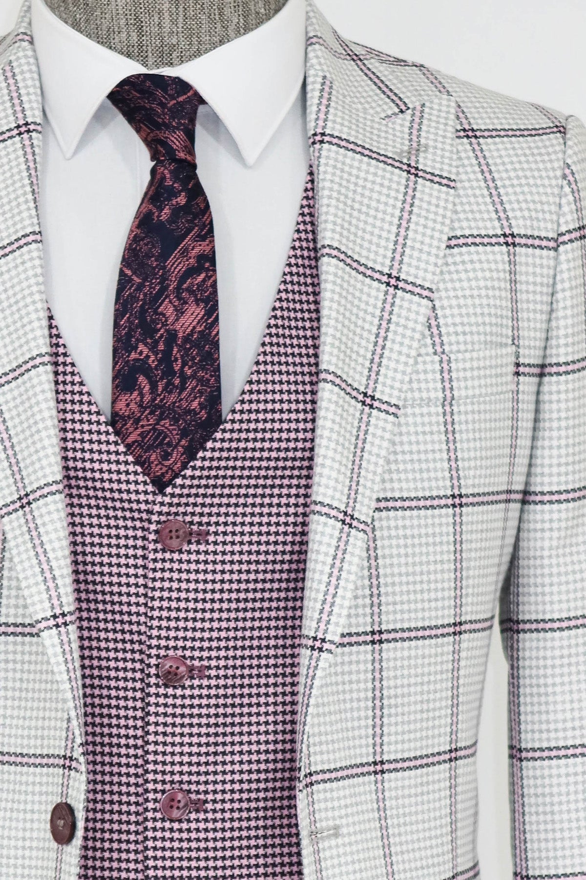 Checked Patterned Vested Light Grey Men Suit and Shirt Combination