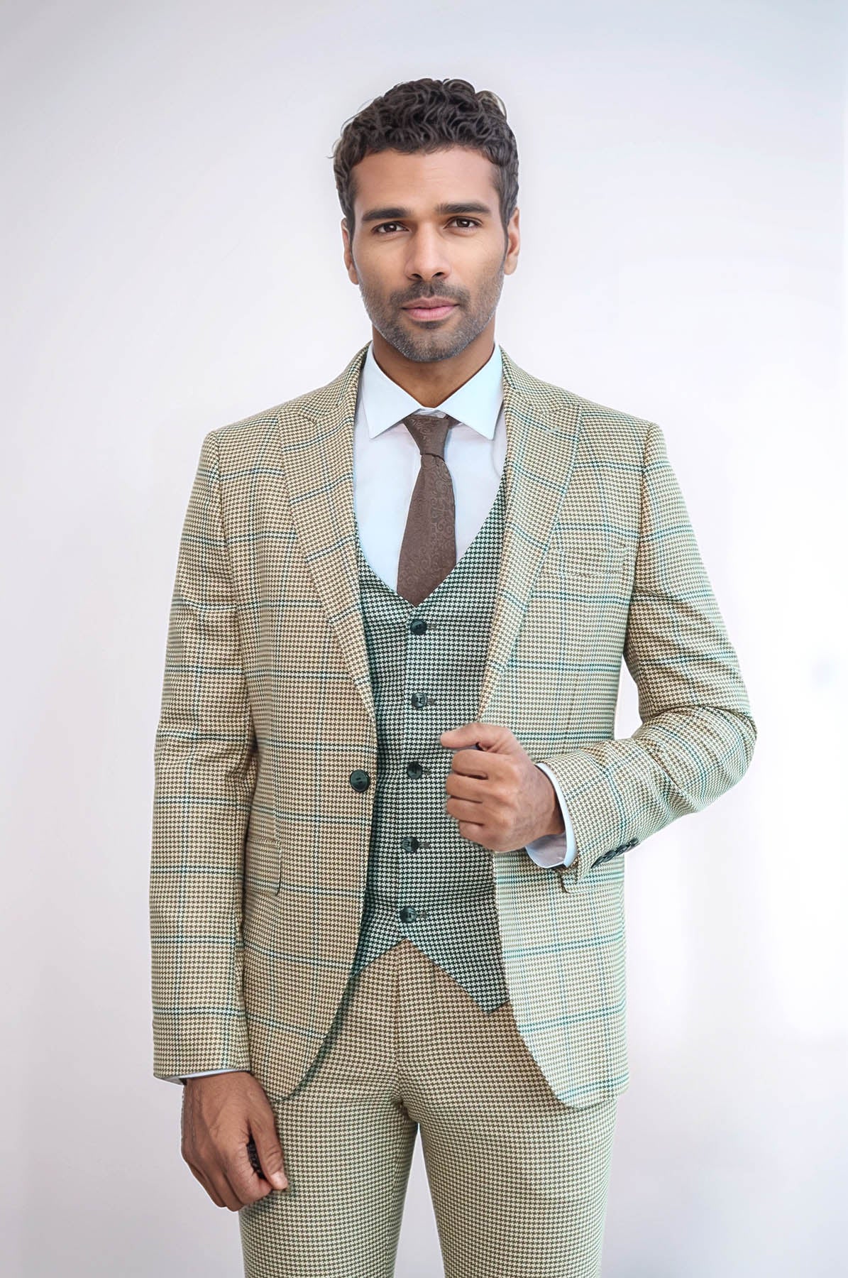 KOALA SYDNEY Checked Patterned Slim Fit Beige Men Suit