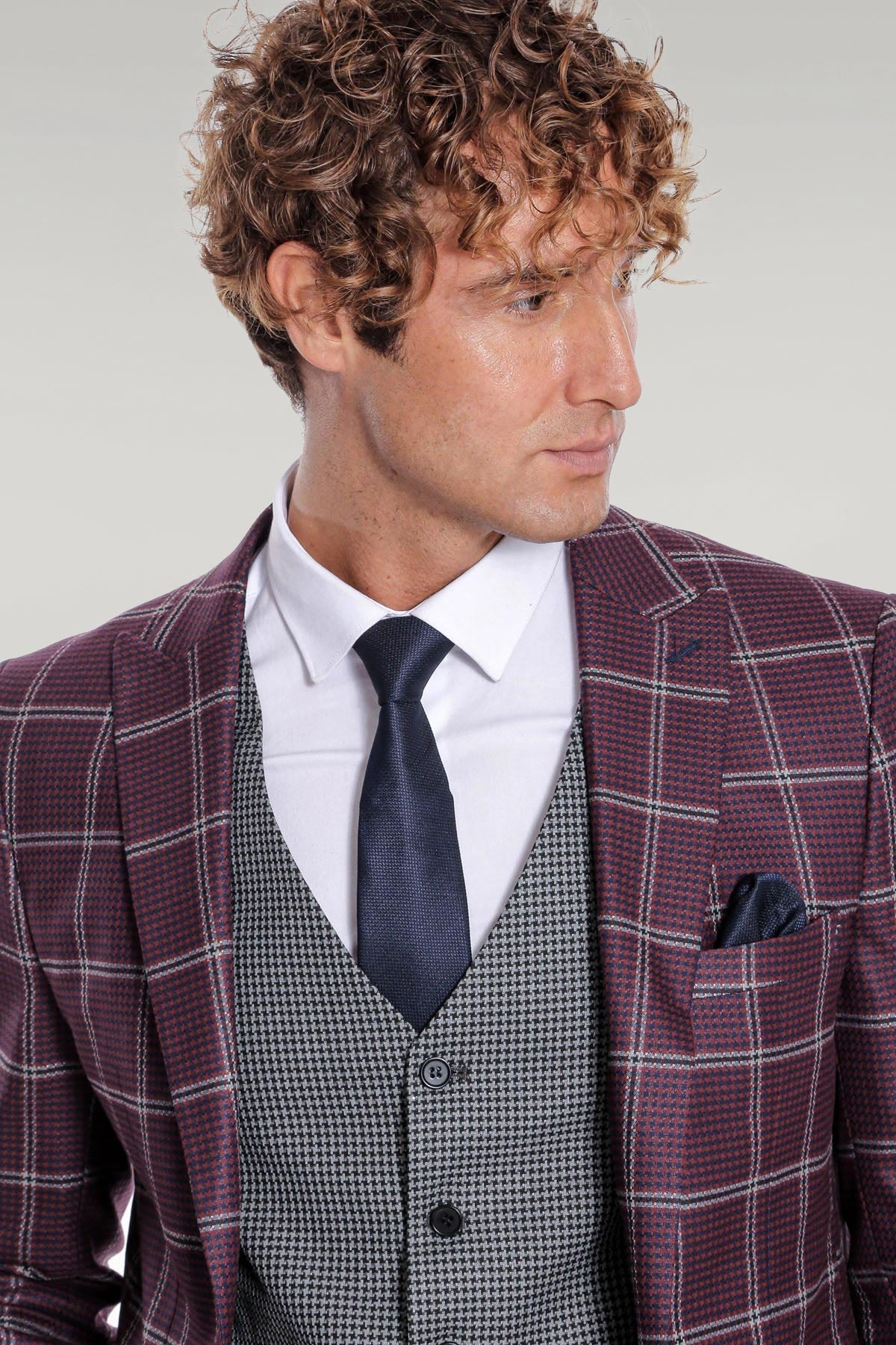 Checked Patterned Slim Fit Burgundy Men Suit