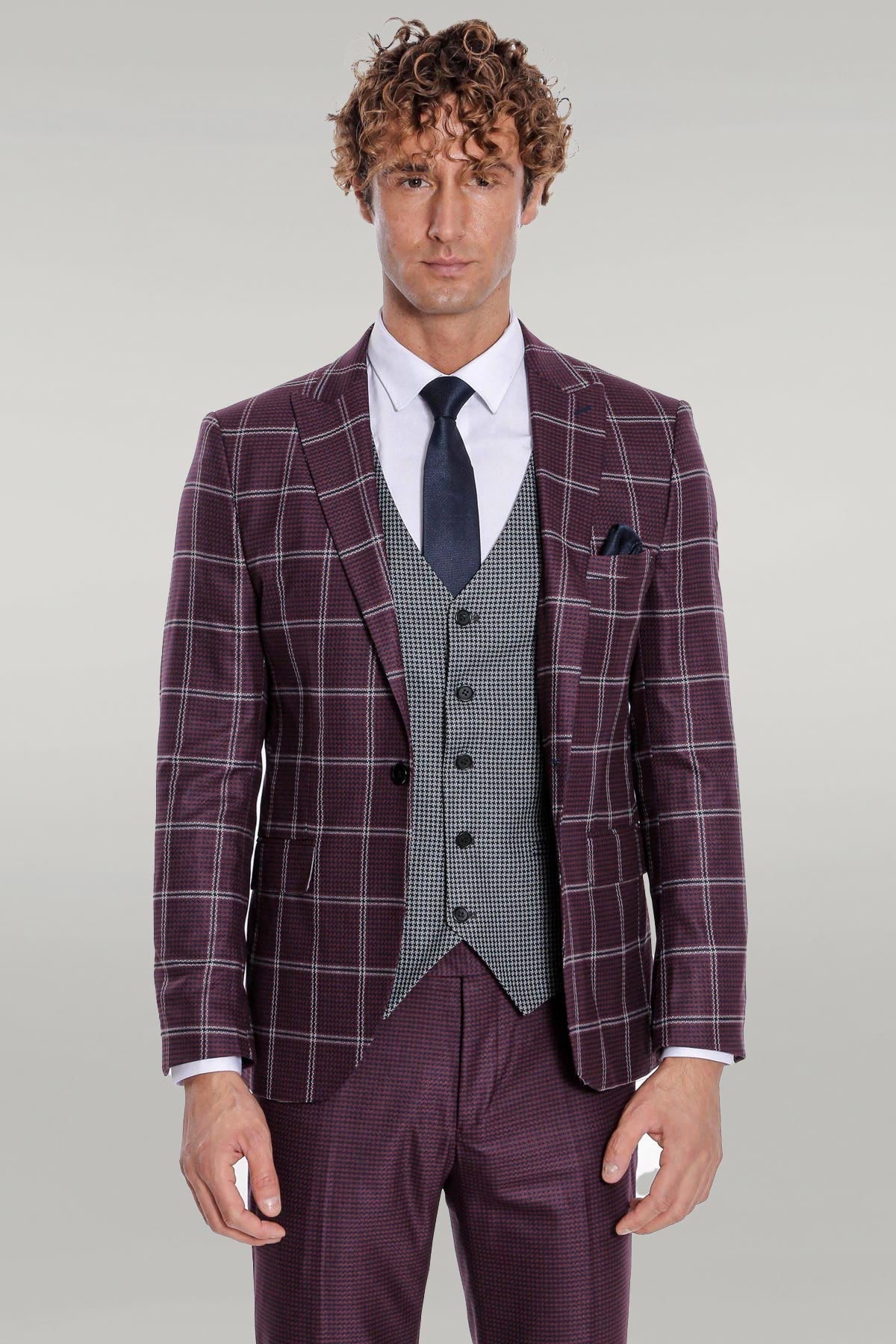 Checked Patterned Slim Fit Burgundy Men Suit