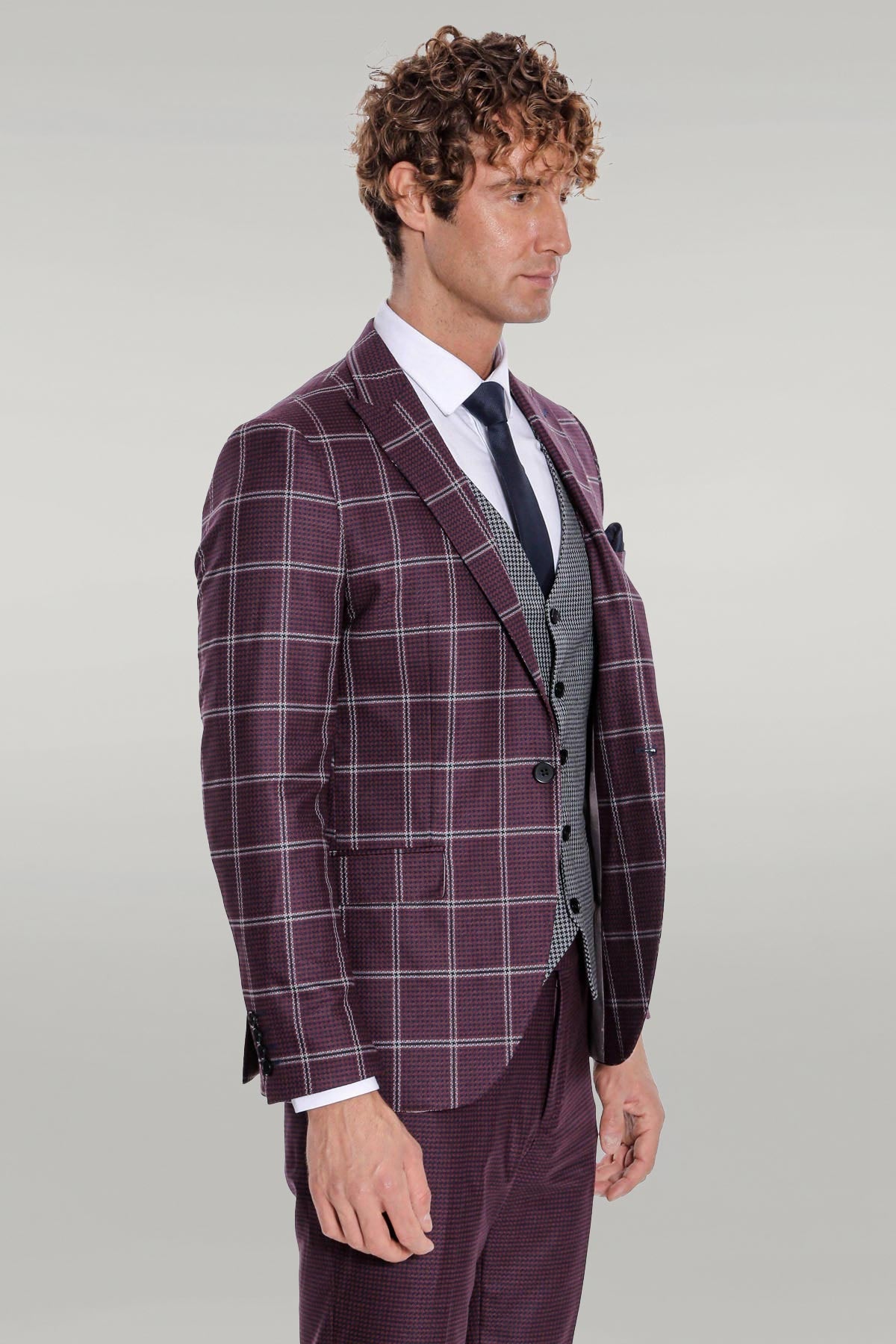 Checked Patterned Slim Fit Burgundy Men Suit