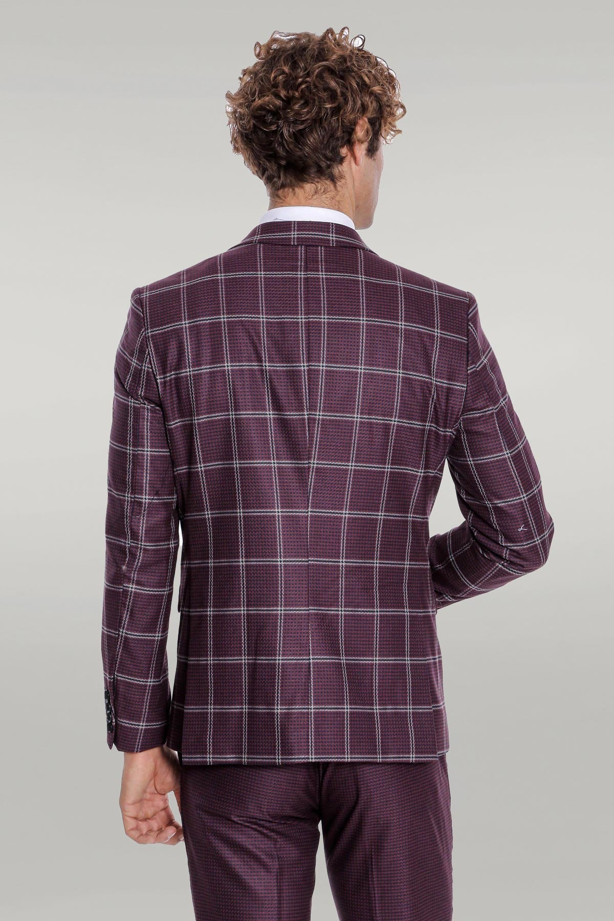 Checked Patterned Slim Fit Burgundy Men Suit