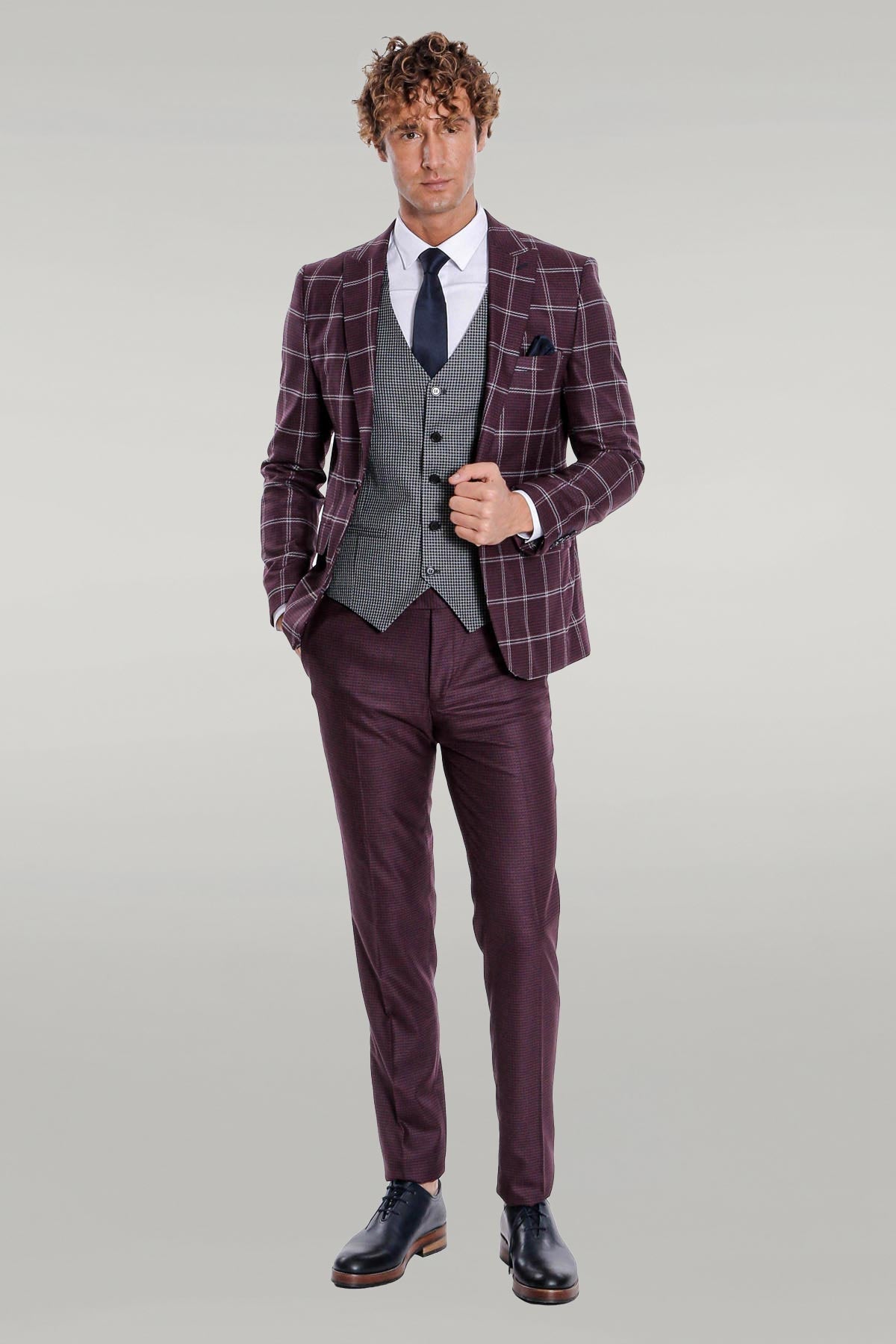 Checked Patterned Slim Fit Burgundy Men Suit