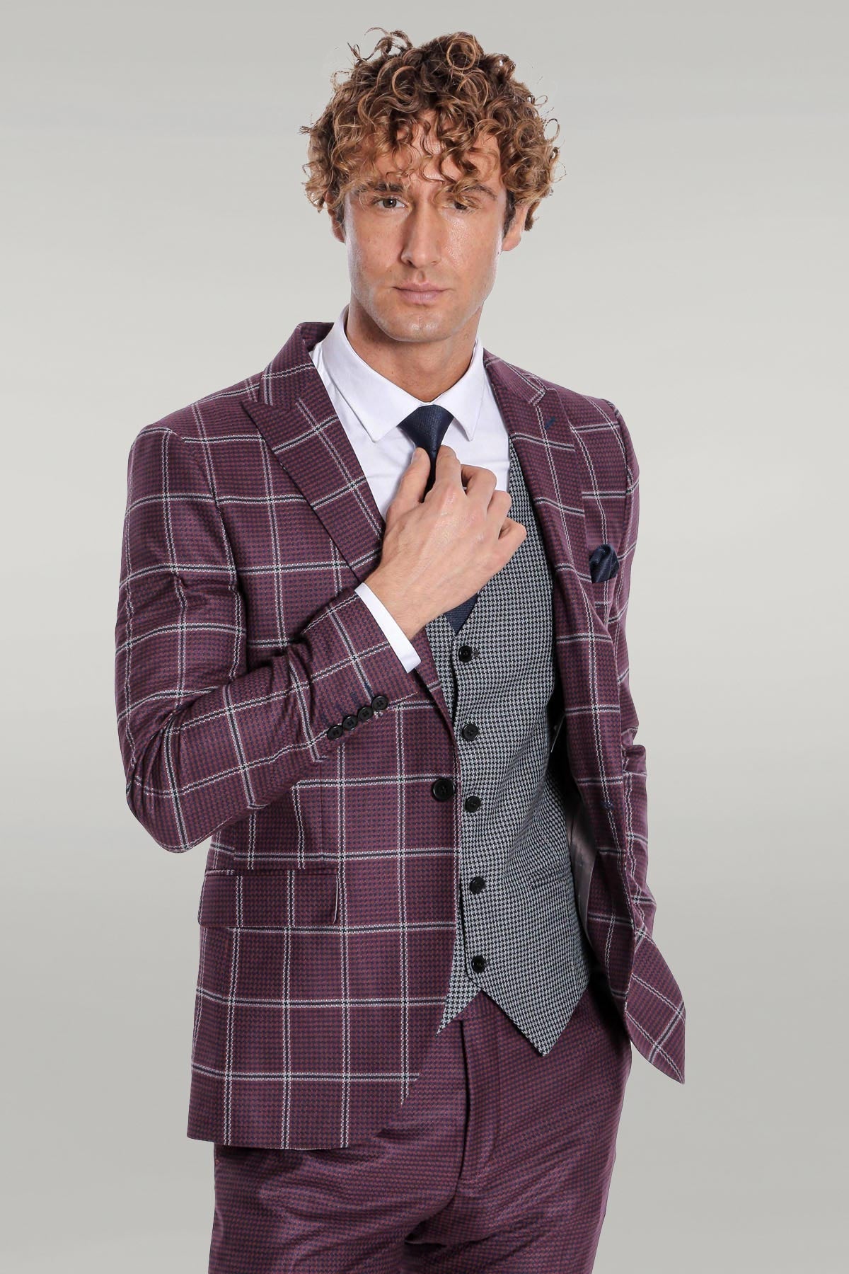 Checked Patterned Slim Fit Burgundy Men Suit