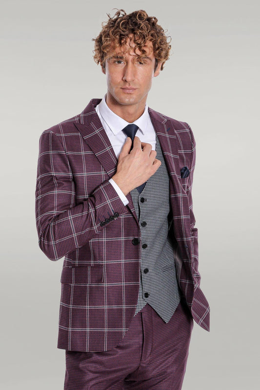 Checked Patterned Slim Fit Burgundy Men Suit