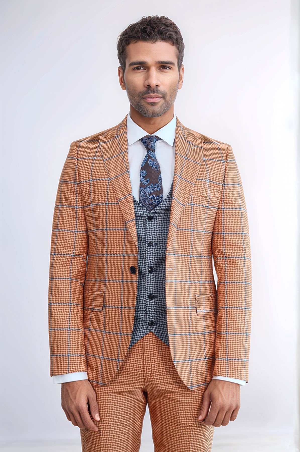 KOALA SYDNEY Checked Patterned Slim Fit Orange Men Suit