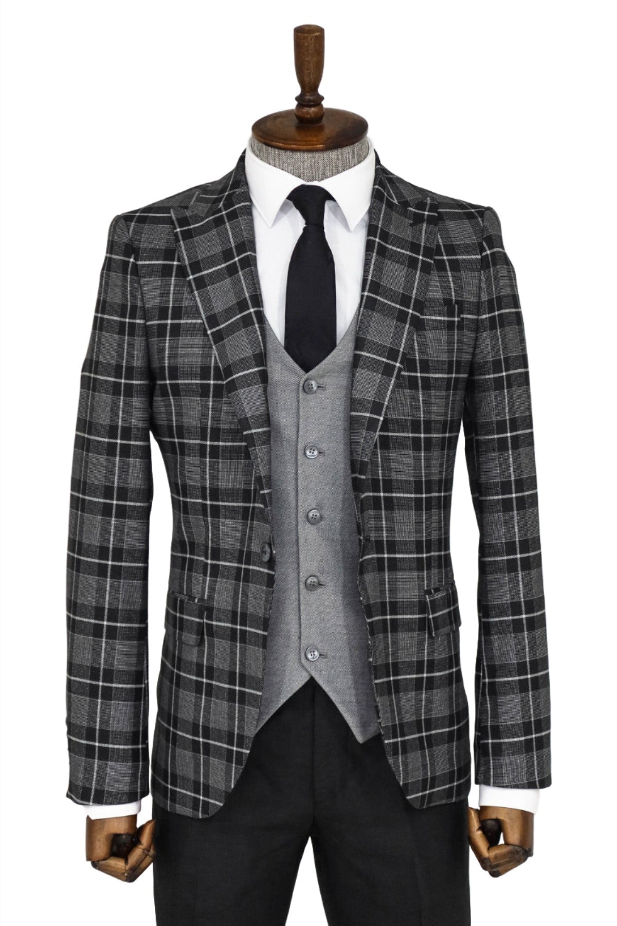 Slim Fit Checked Black Men Suit and Shirt Combination