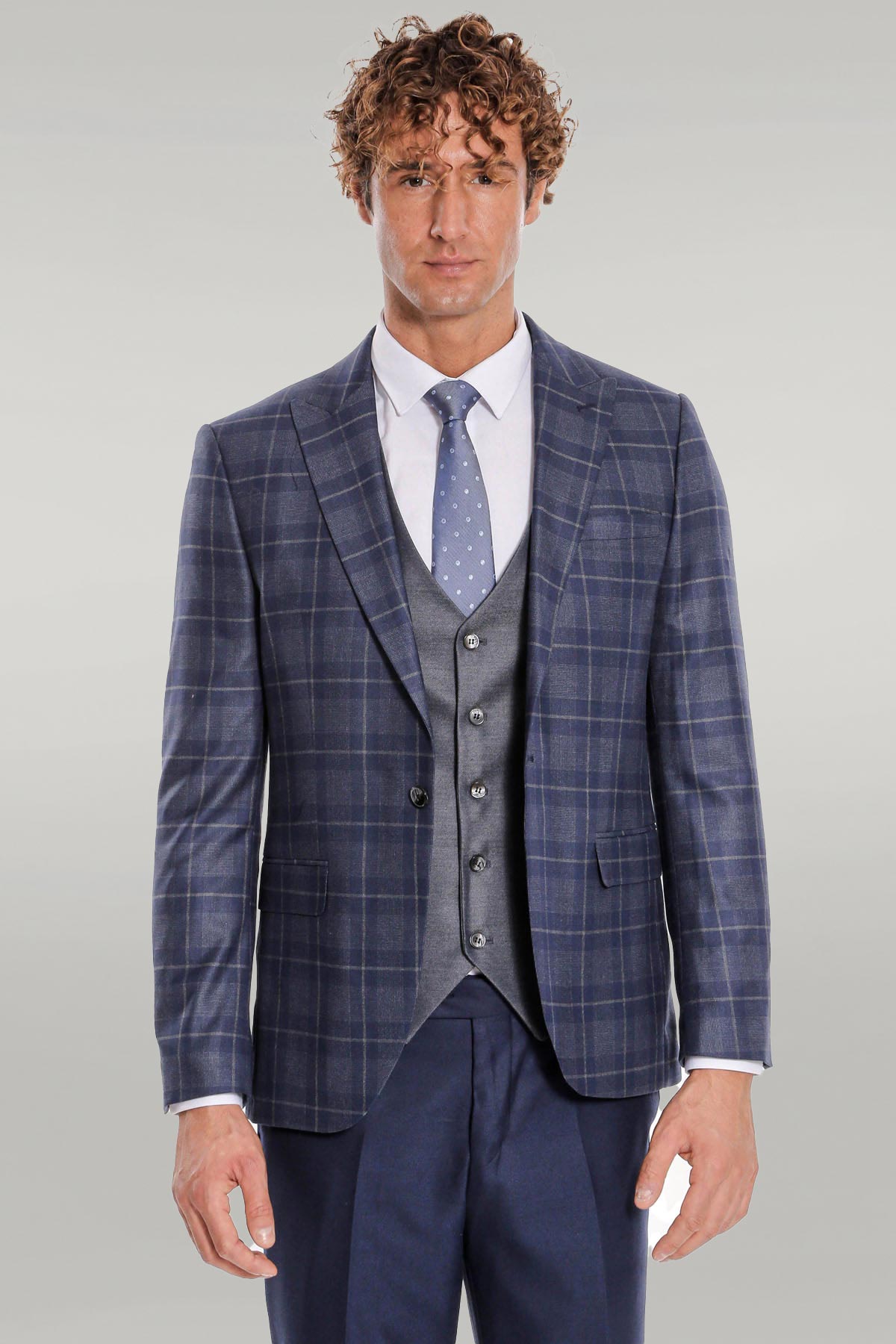 Slim Fit Checked Navy Blue Men Suit