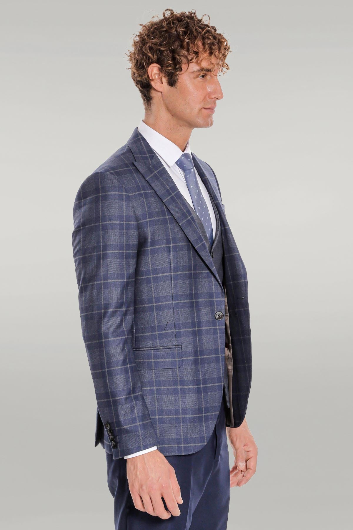 Slim Fit Checked Navy Blue Men Suit