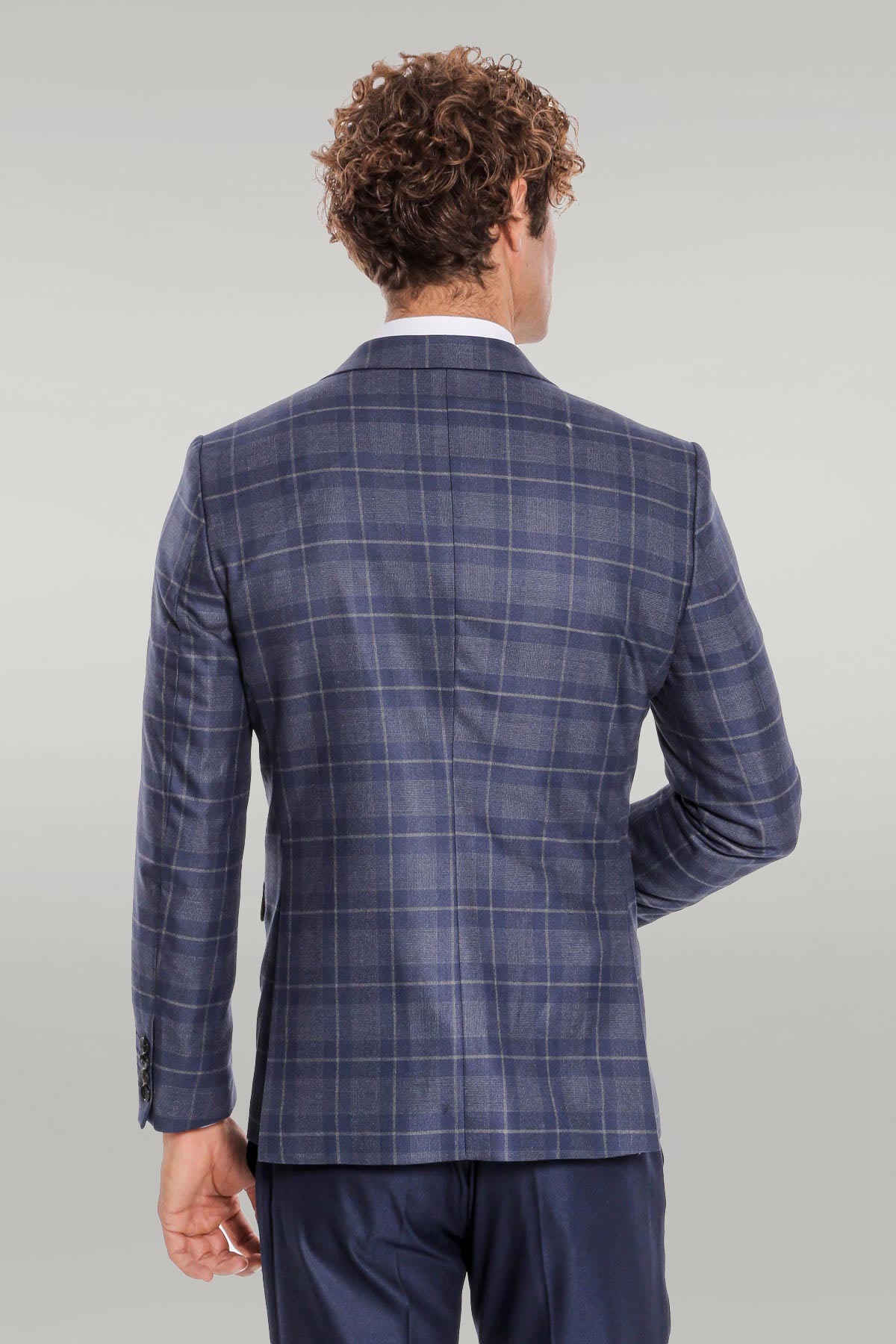 Slim Fit Checked Navy Blue Men Suit
