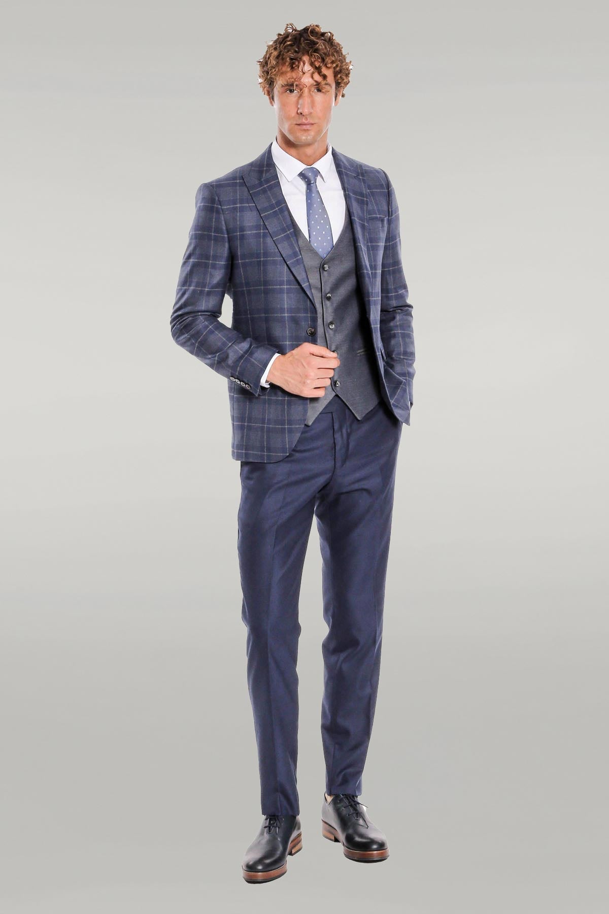 Slim Fit Checked Navy Blue Men Suit