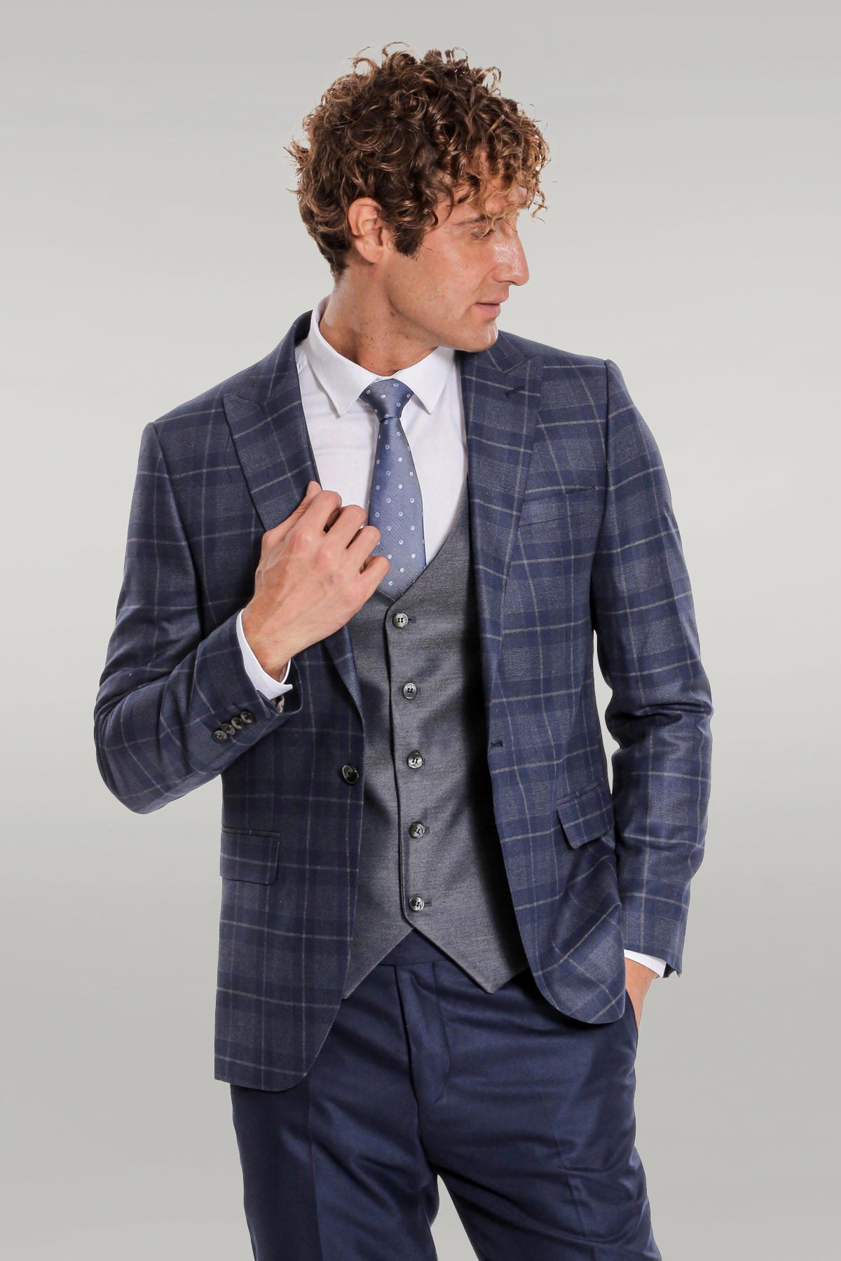 Slim Fit Checked Navy Blue Men Suit