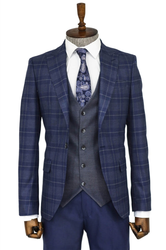 Slim Fit Checked Navy Blue Men Suit and Shirt Combination-