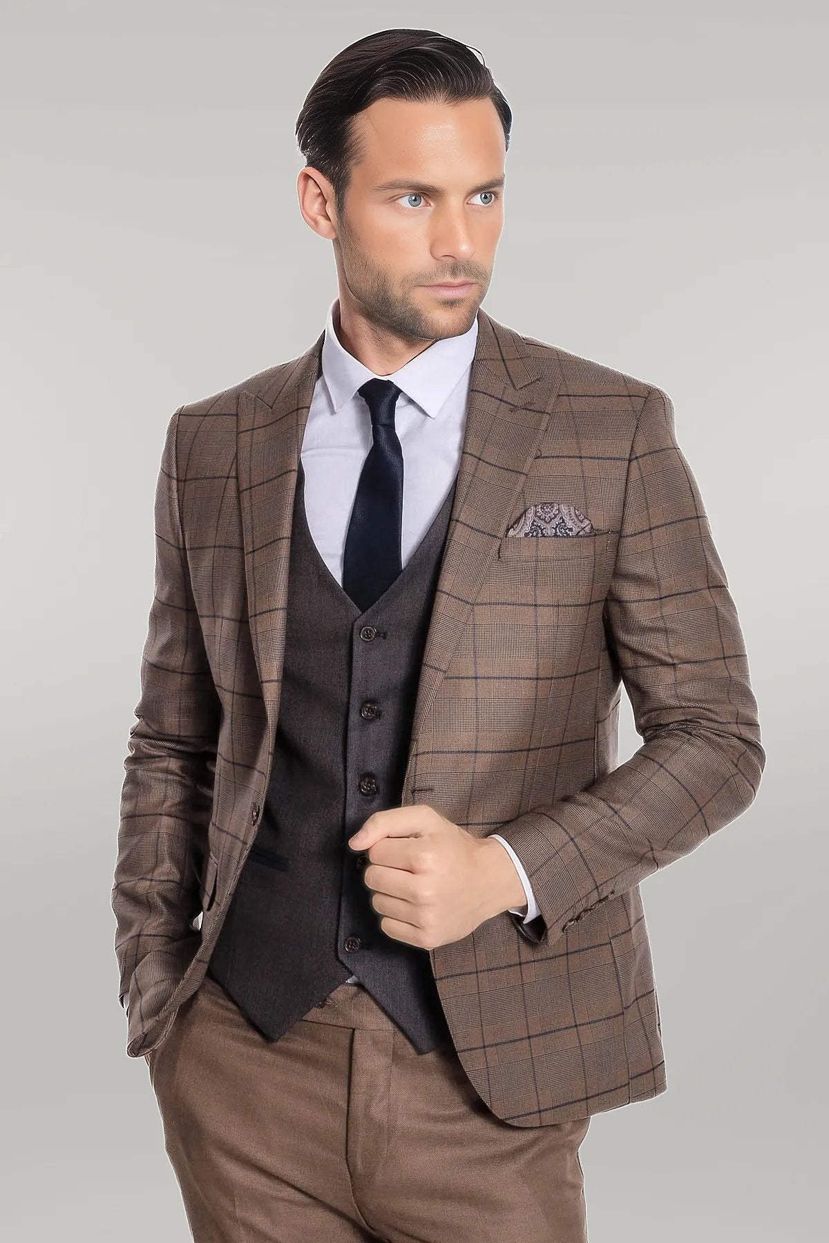KOALA SYDNEY Slim Fit Checked Brown Men Suit