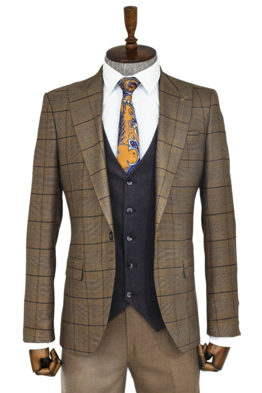 Slim Fit Checked Brown Men Suit and Shirt Combination-