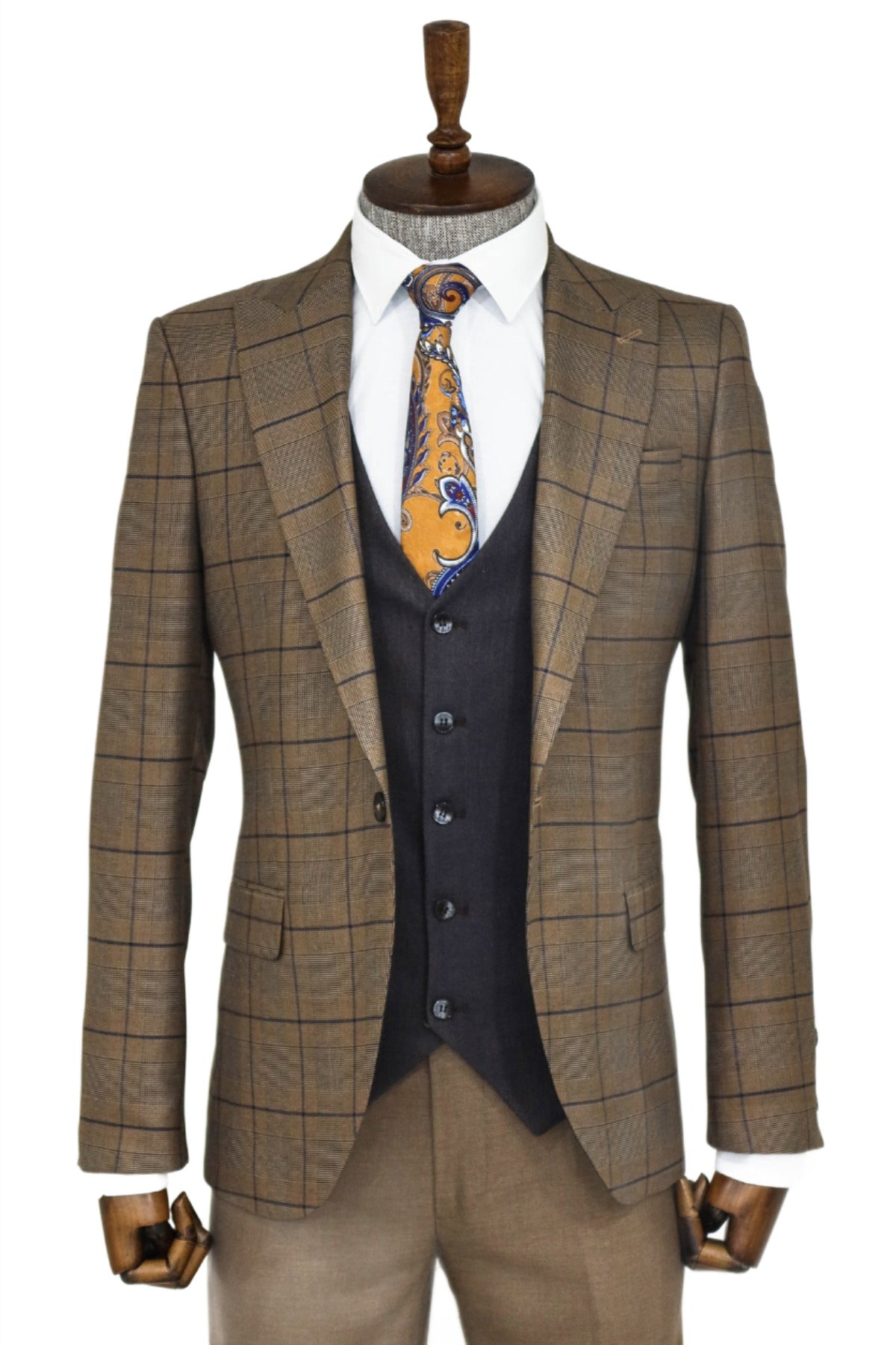 KOALA SYDNEY Slim Fit Checked Brown Men Suit and Shirt Combination
