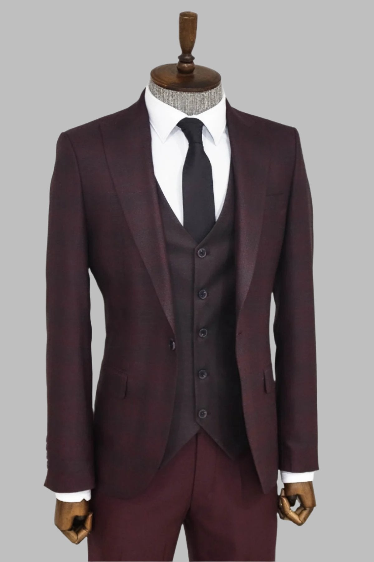 Slim Fit Checked Burgundy Men Suit -