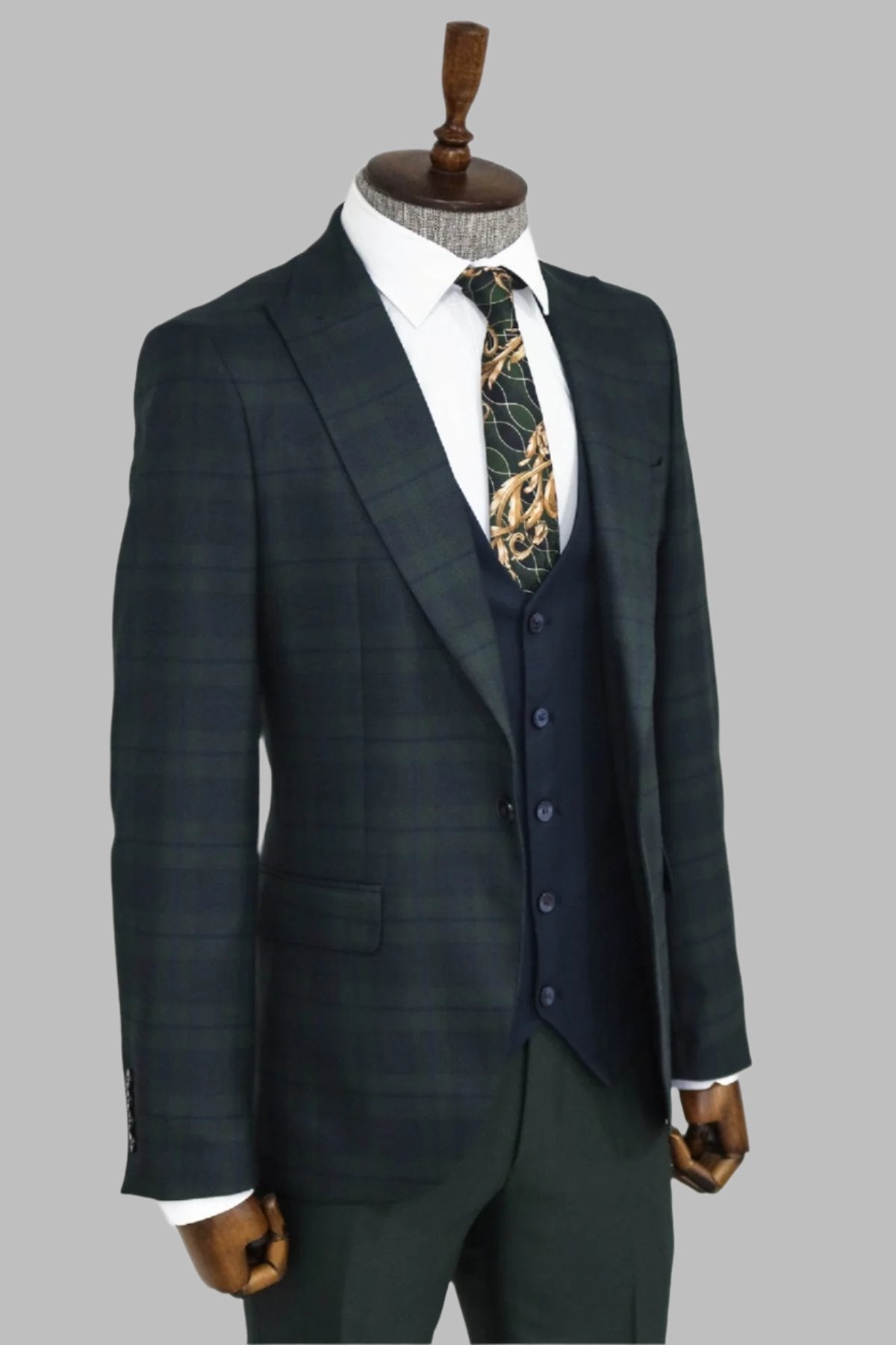 Slim Fit Checked Green Men Suit -