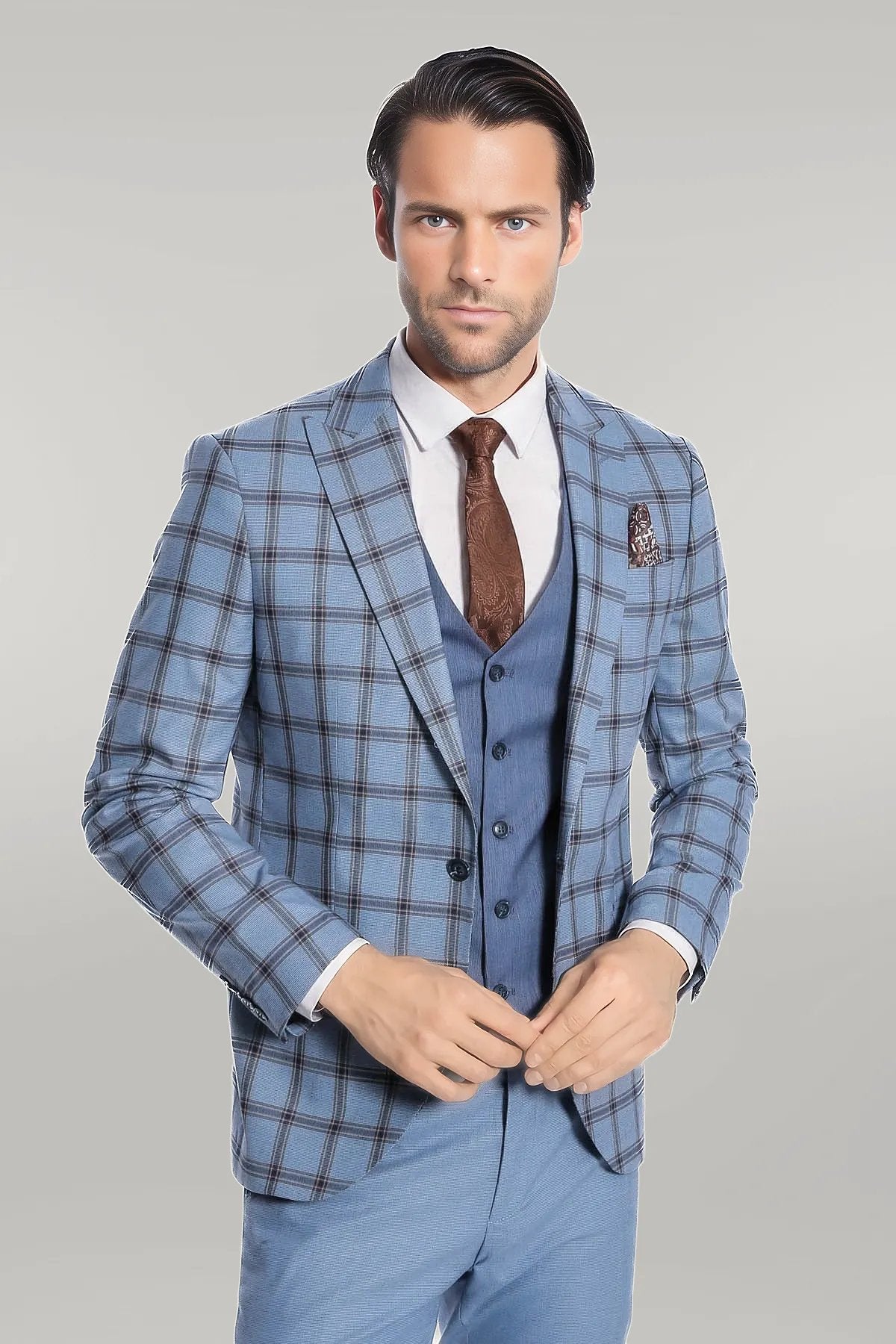 Checked Patterned Slim Fit Blue Men Suit