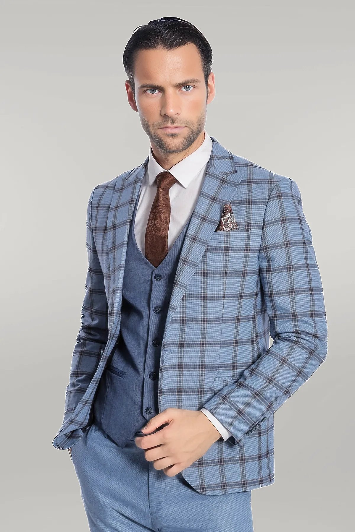 Checked Patterned Slim Fit Blue Men Suit